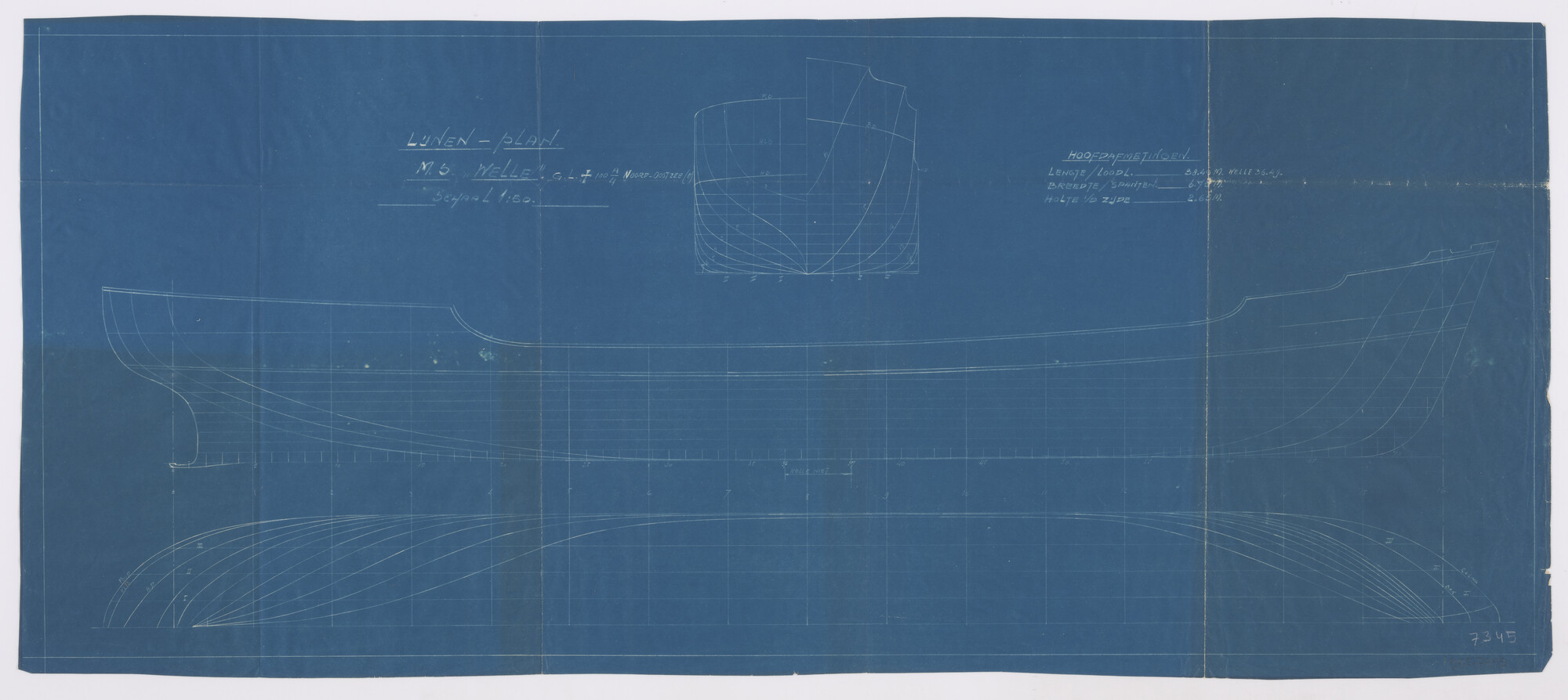 1995.7345; Lijnenplan (1:50) van de coaster ms. 'Welle'; technische tekening