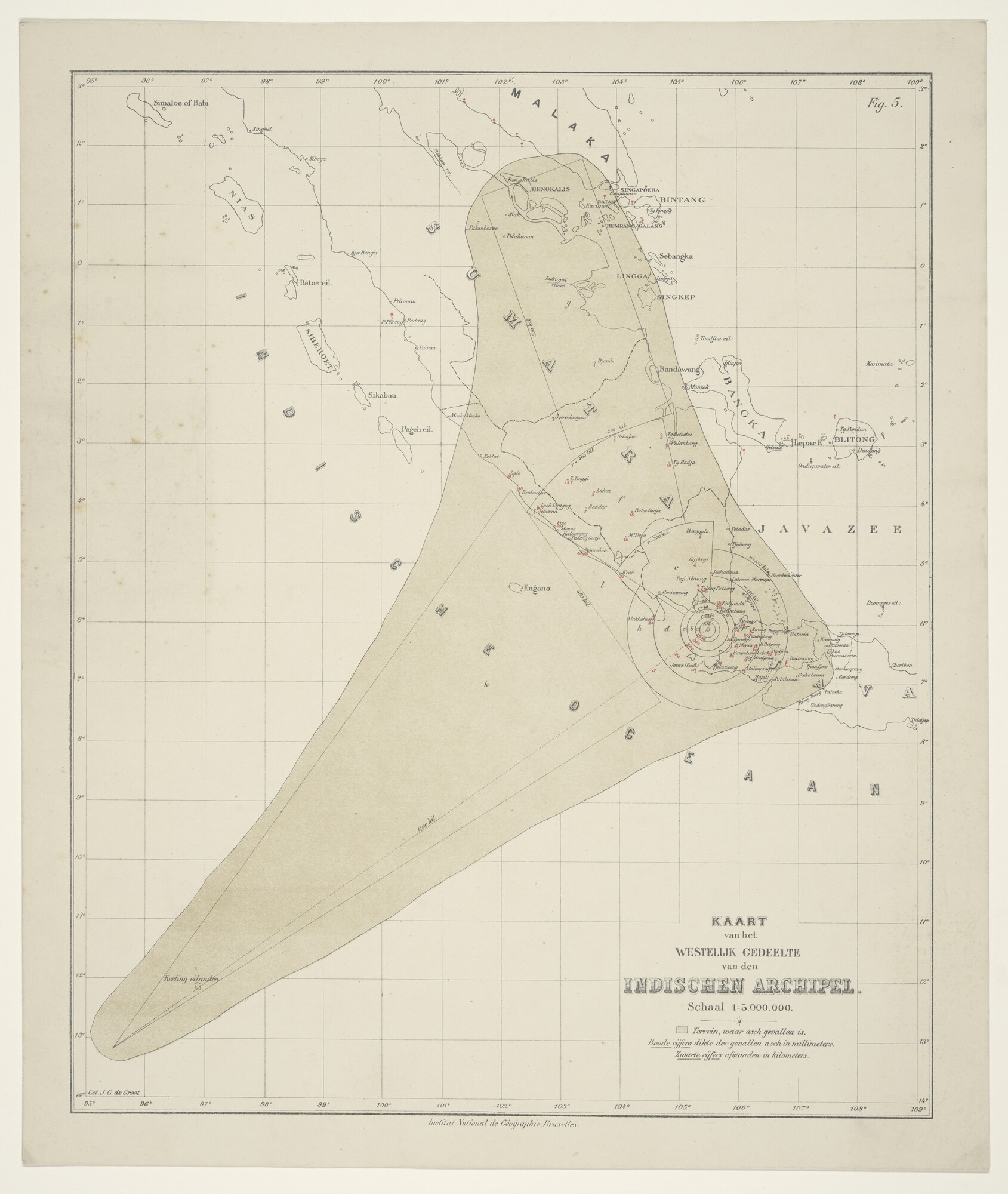 1999.0754; Gekleurde land/zeekaart van het westelijk deel van Indonesië na de uitbarsting van de Krakatau van 27 augustus 1883 door J.G. de Groot; landkaart