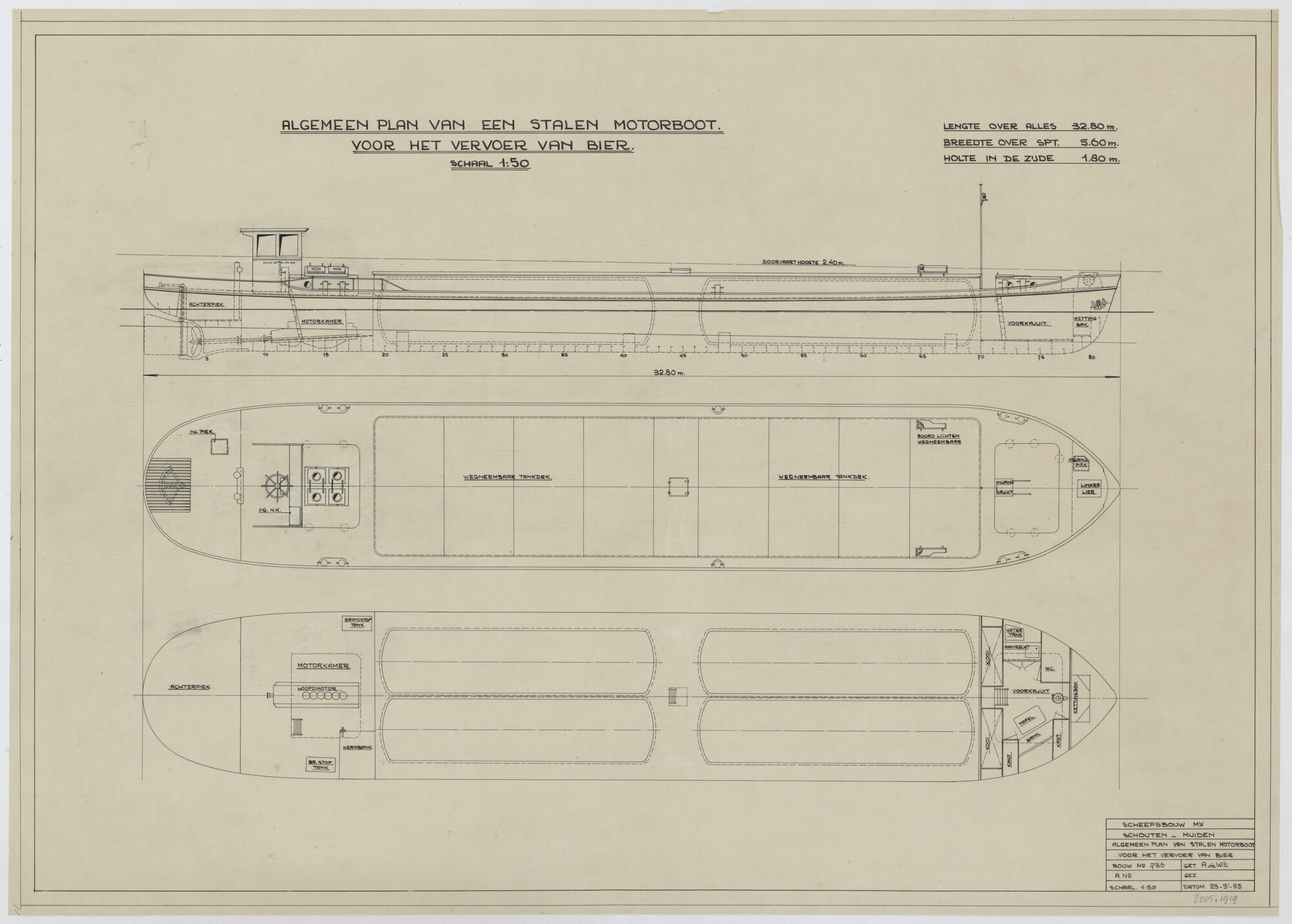 2005.1919; Algemeen plan van het biertankschip "Gerritje"; technische tekening