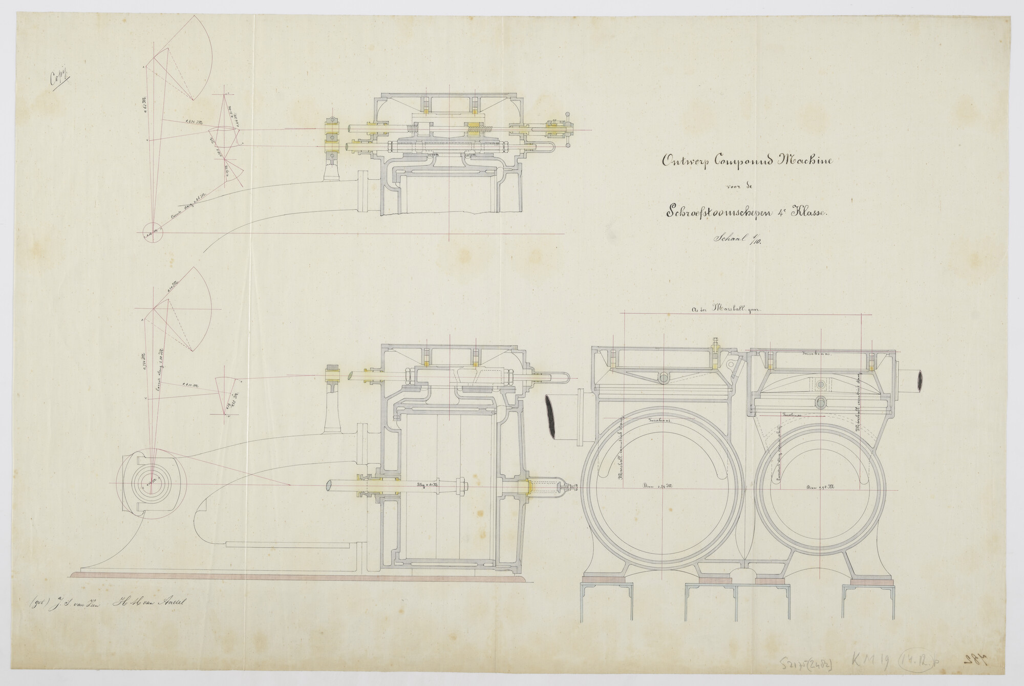 S.2175(2482); Diverse dwarsdoorsneden van het ontwerp compound twee cylinder stoommachine van het schroefstoomschip der vierde klasse Zr.Ms. Java; technische tekening