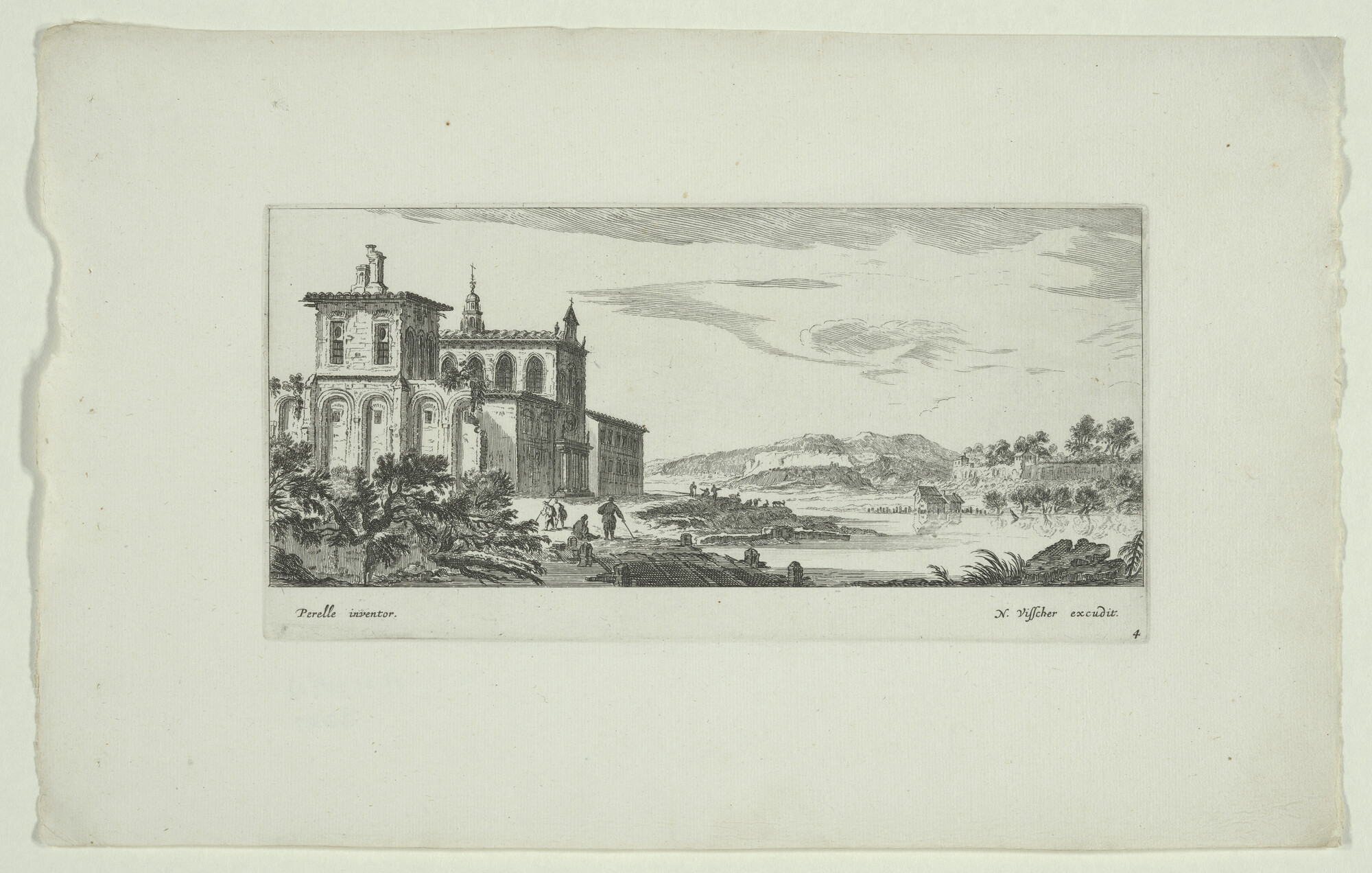 A.3138(02) [nr 0004]; Een buitenlandse haven in een lieflijk landschap; prent