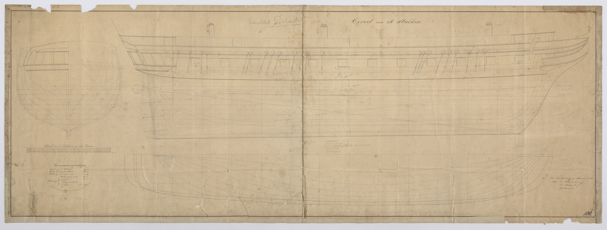 S.1214(0190)a; Lijnenplan van het korvet  Zr.Ms. 'Argo' van 26 stukken; technische tekening