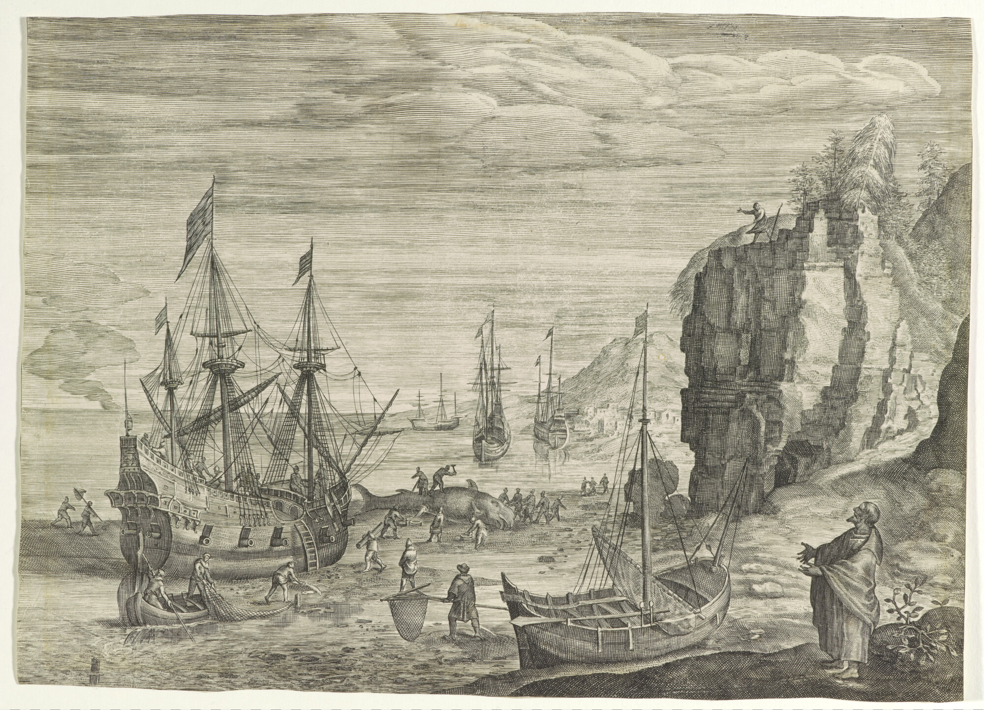 2013.0862; Bijbelse prent met een voorstelling van een strand waarop een walvis, een griend, wordt geslacht; gravure