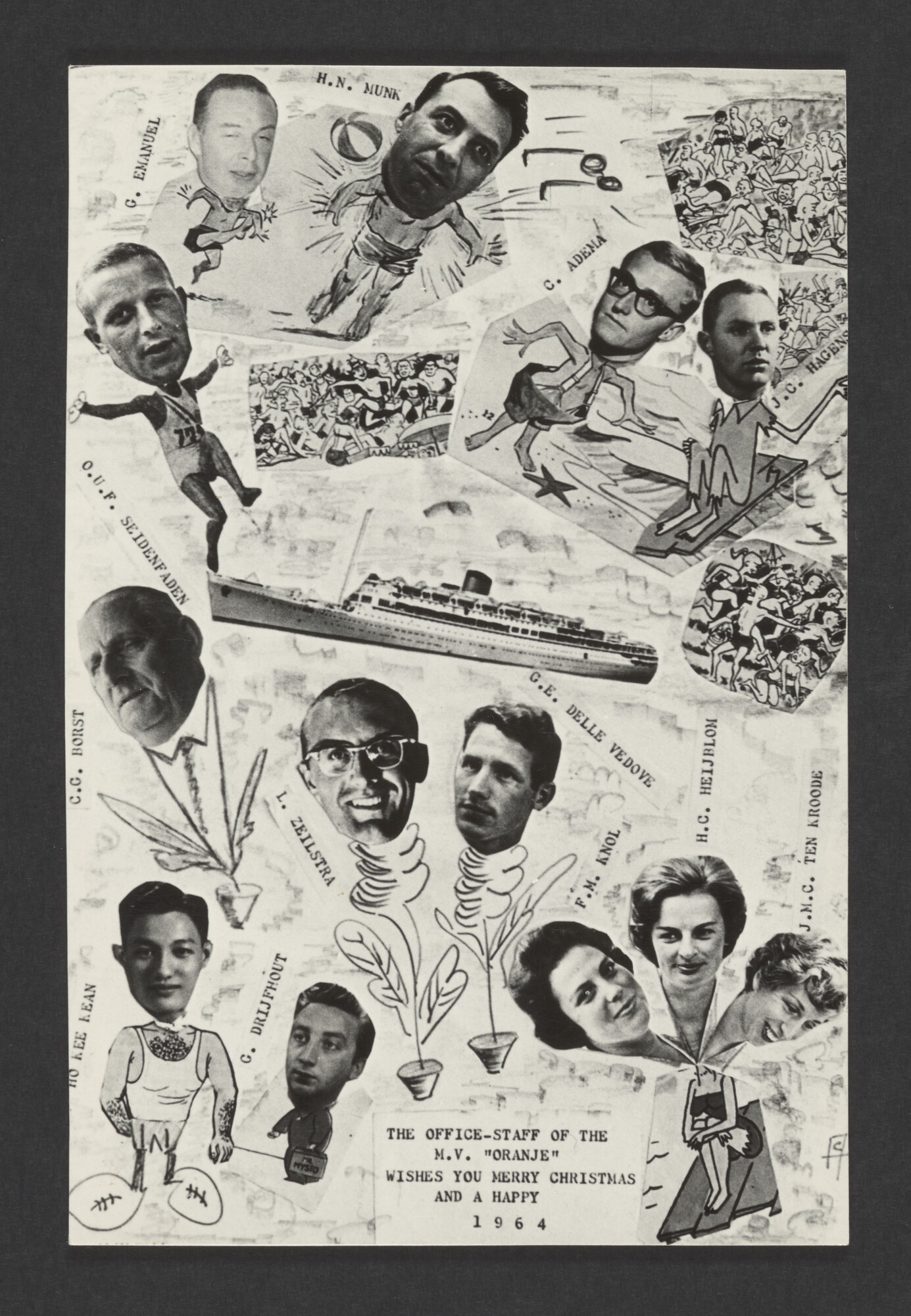 2023.0420; Prentbriefkaart; een kerst- en nieuwjaarskaart met een fotocollage van portretten van bemanningsleden van ms. Oranje, 1963; prentbriefkaart