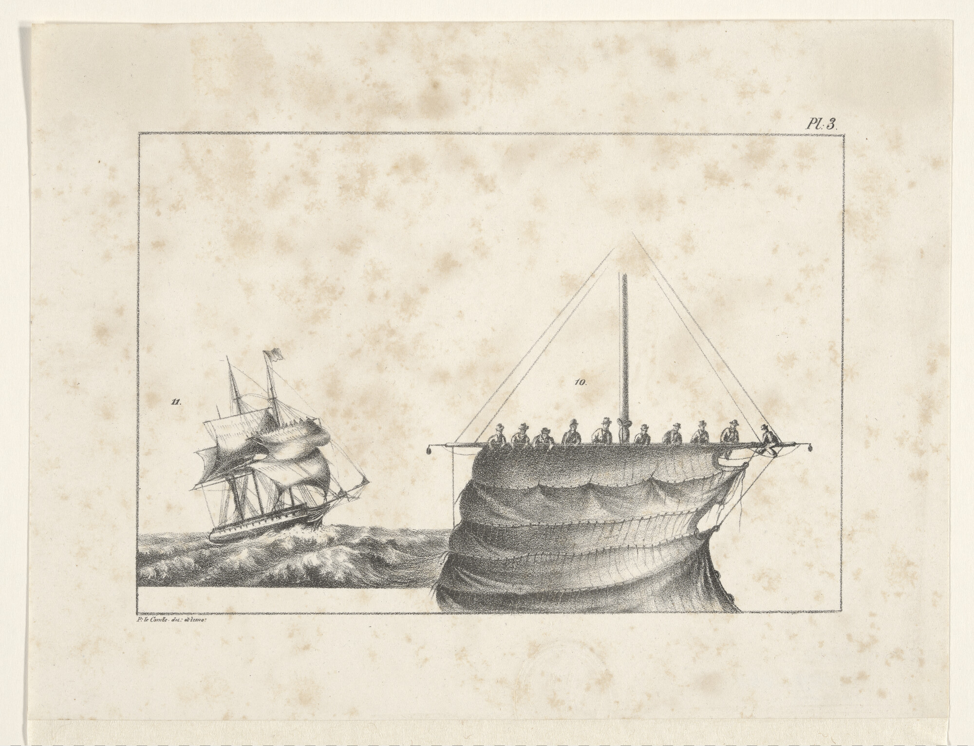 A.0149(0620); Prent van een marszeil met uitgeënterd volk op de Ra; prent