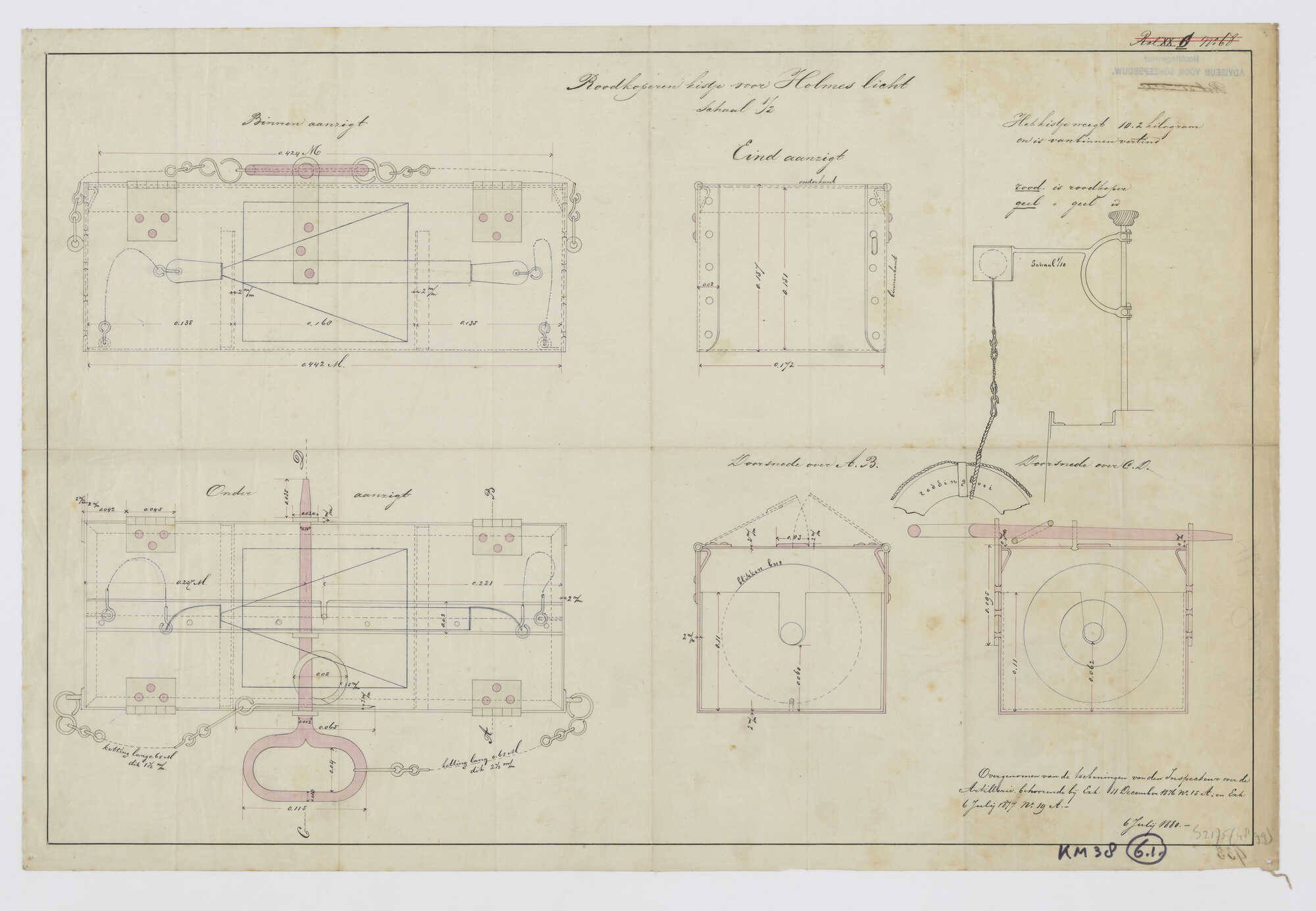 S.2175(4899); Doorsneden van een kistje voor het Holmeslicht van een reddingboei; technische tekening