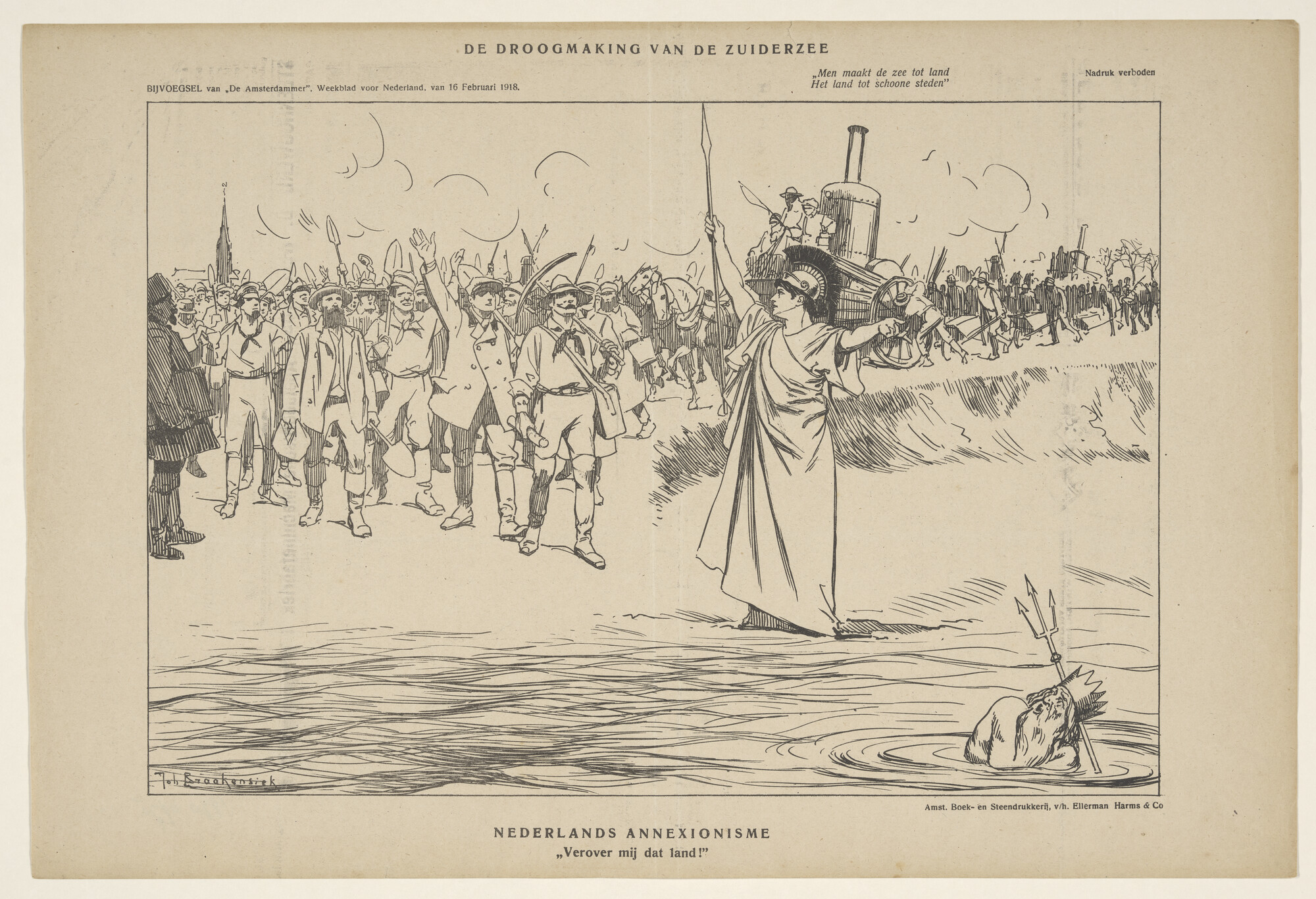 1990.0975; De droogmaking van de Zuiderzee; prent