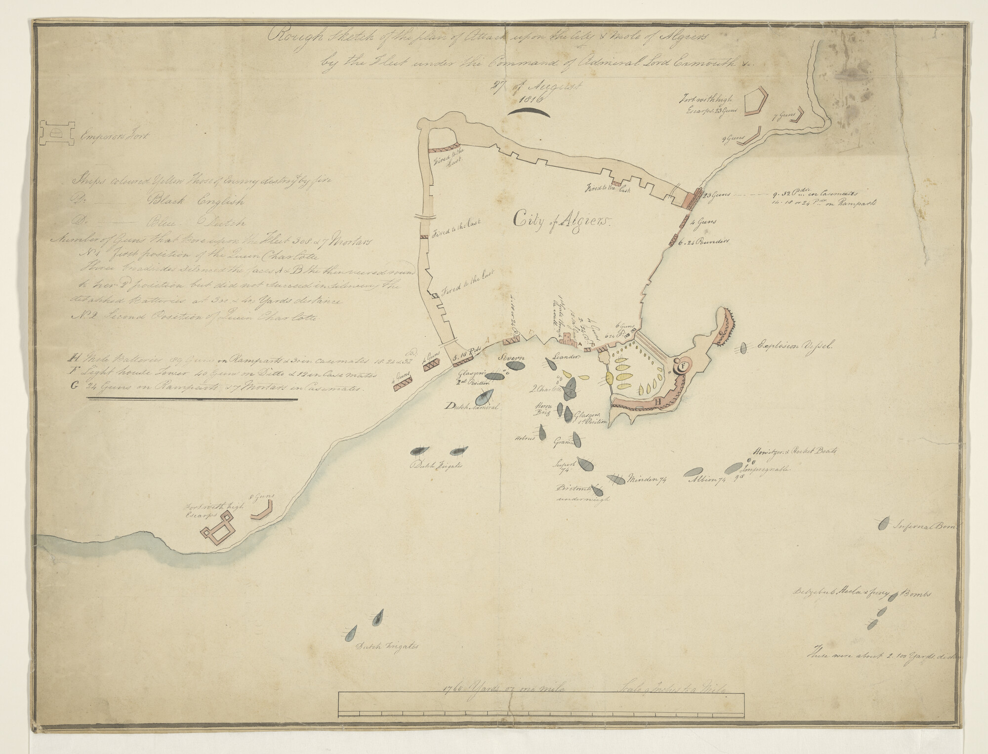 A.3220; Ruwe schets van de positie van de schepen van de Engelsen bij hun aanval op Algiers; tekening
