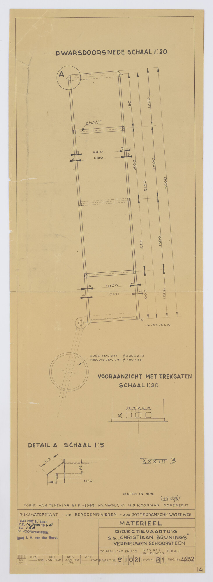 2003.0961; Schoorsteen van de ijsbreker ss. Christiaan Brunings; technische tekening