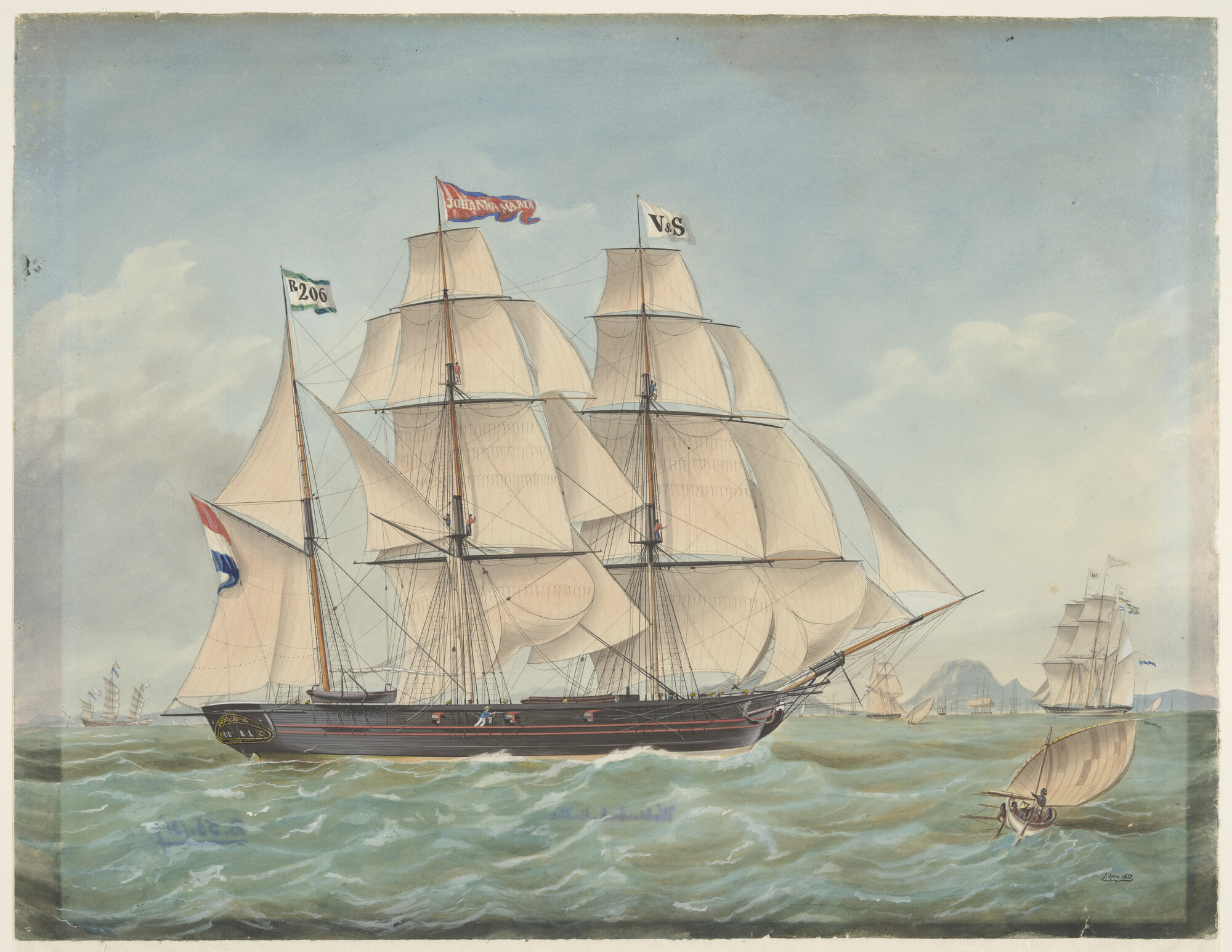 A.0813(06); Het barkschip Johanna Maria; tekening