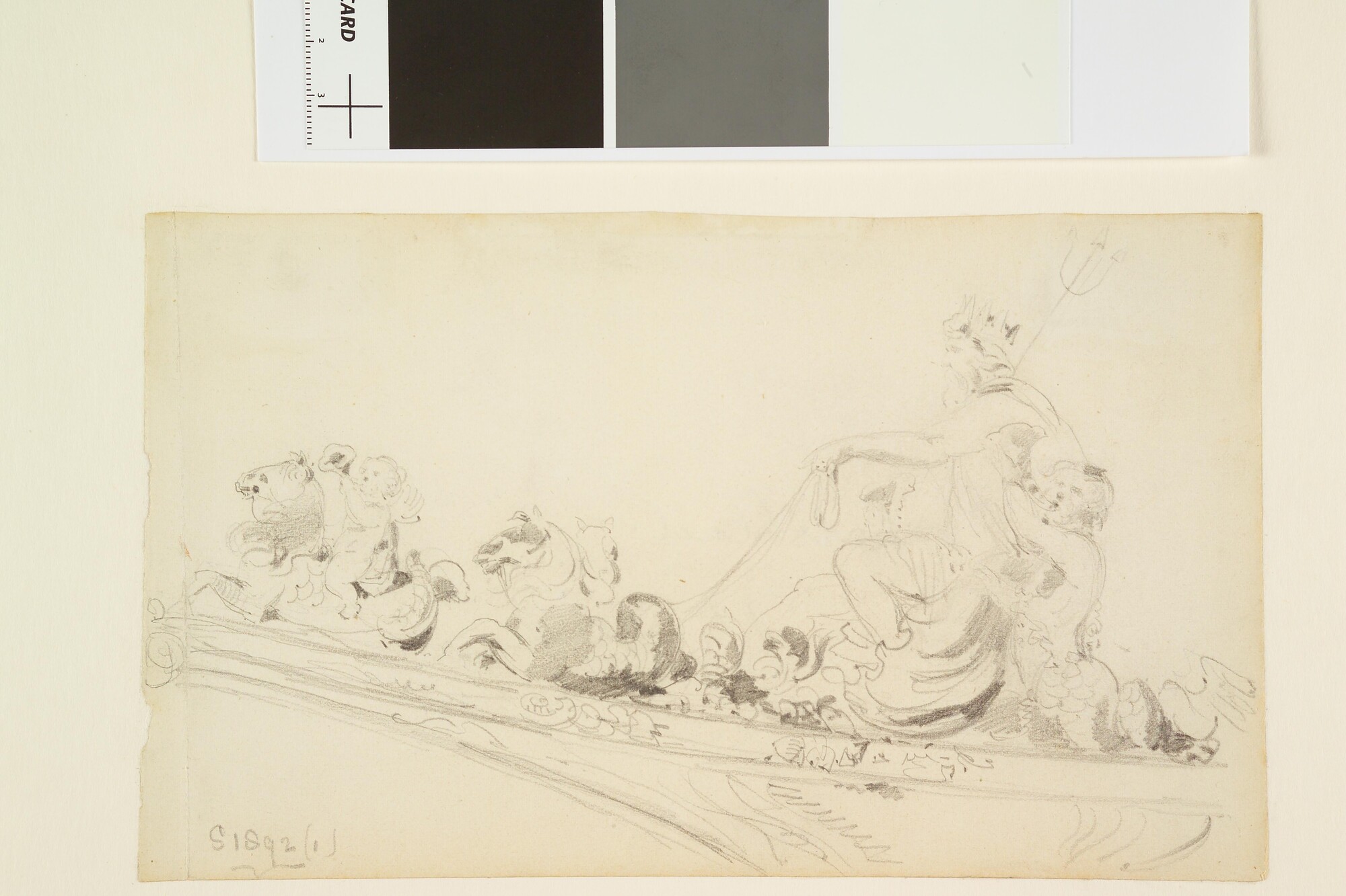 S.1892(01)06; Beeldhouwwerk van de koningssloep. Ontwerp voor een gravure; tekening