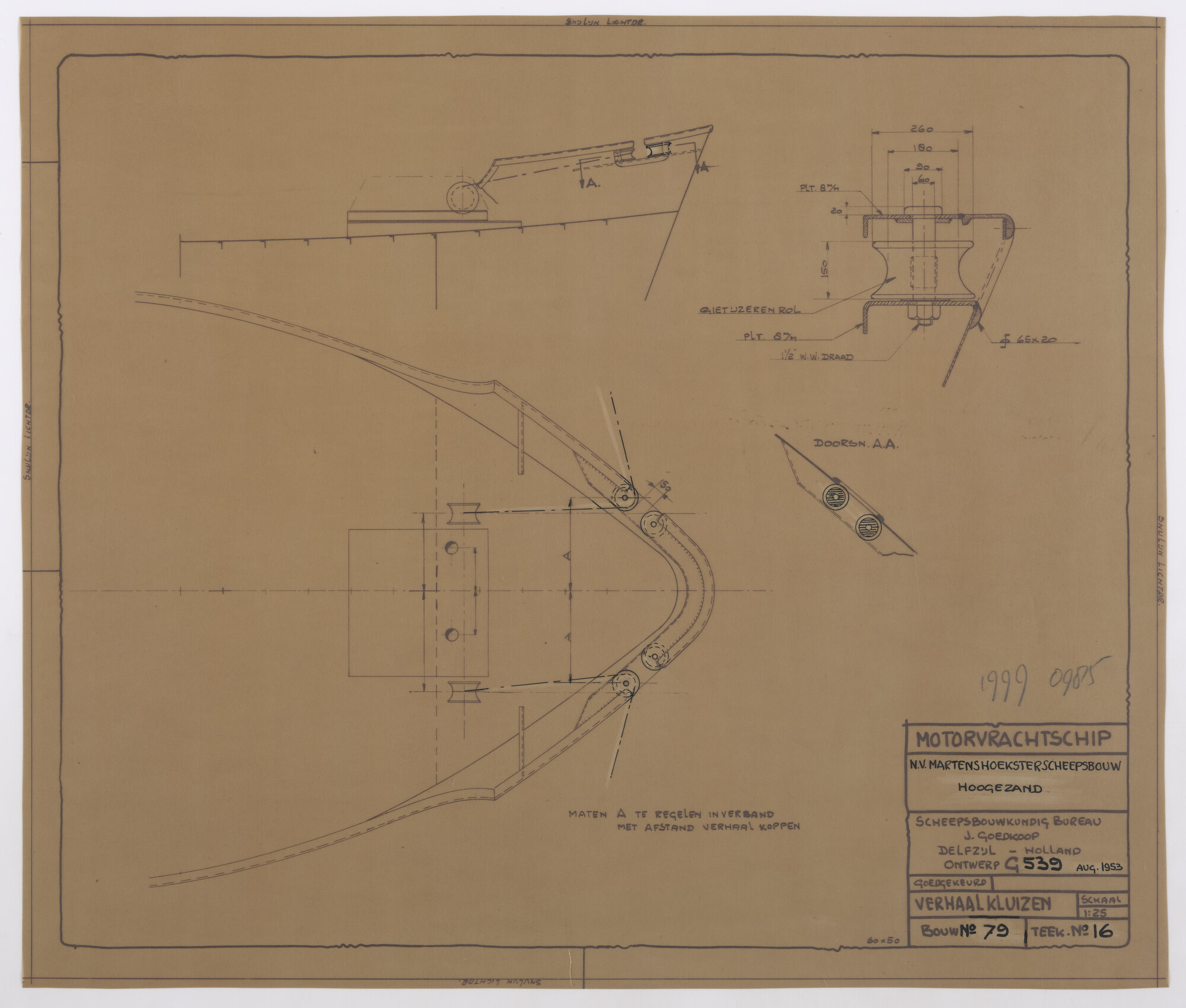 1999.0985; Verhaalkluizen van een motorvrachtschip; technische tekening