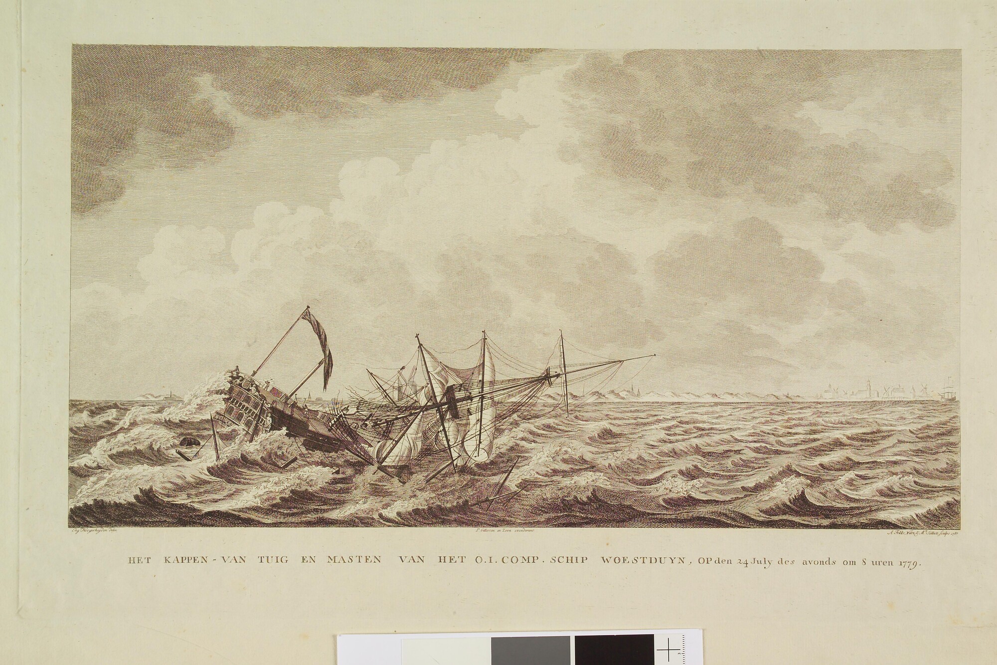 A.0385(02); Schipbreuk van het VOC-schip 'Woestduin', 1779: kappen van tuig en masten; prent