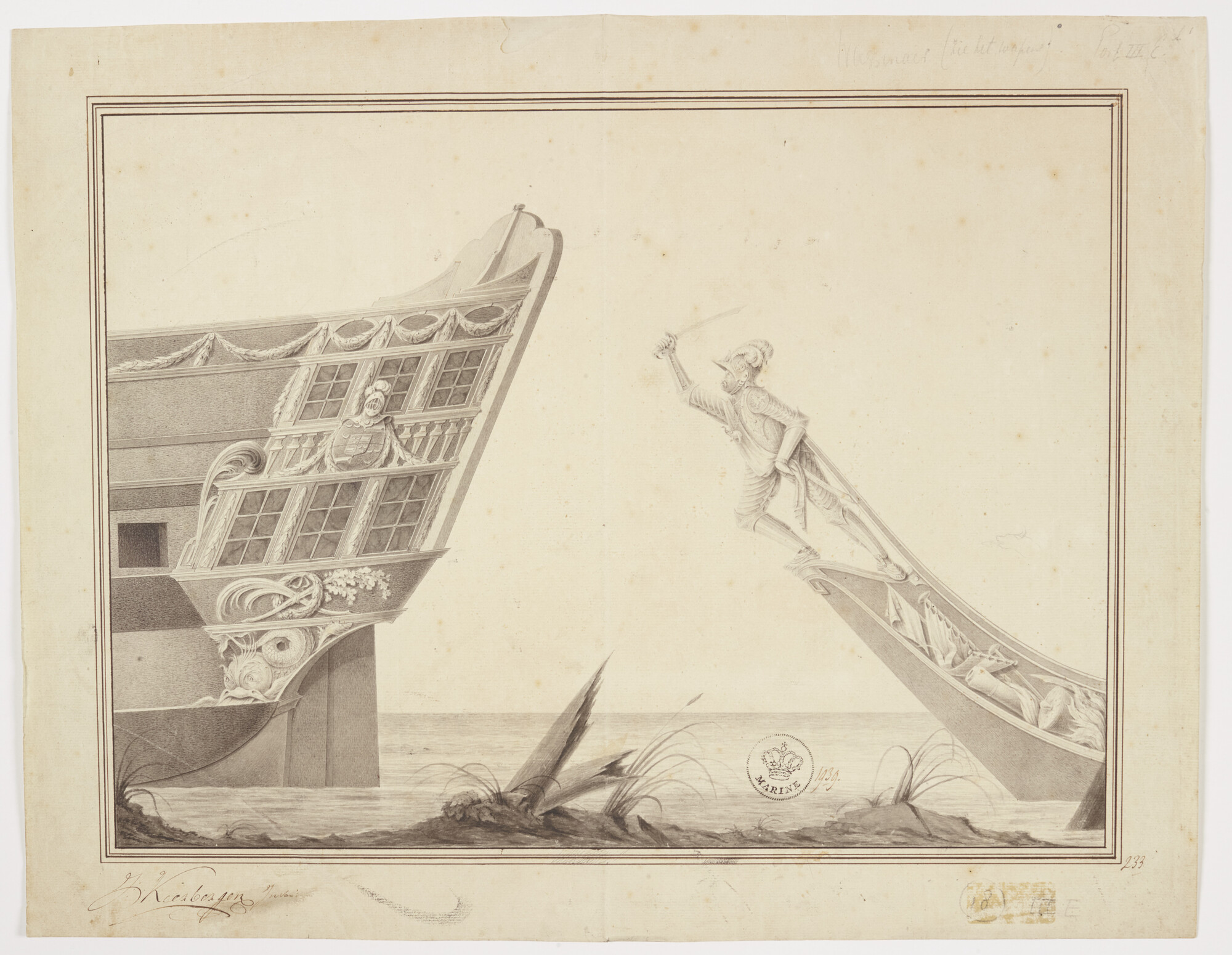 2016.0116; Zijgalerij en schegbeeld van het linieschip Zr.Ms. Wassenaer; technische tekening