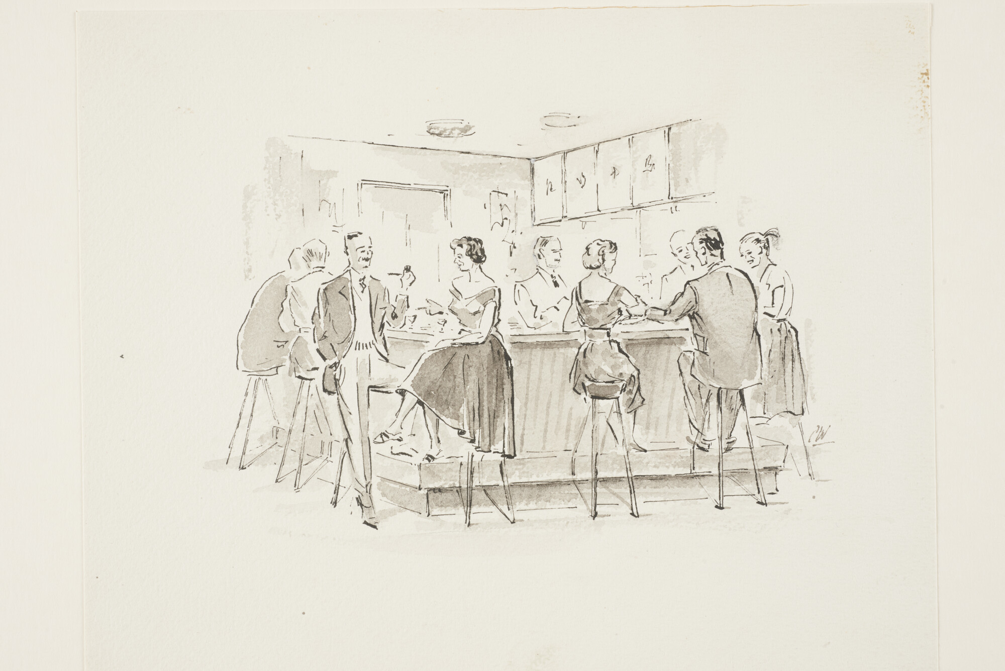 A.5290(13); Een bar aan boord van het veerschip ms. Koningin Wilhelmina van de SMZ; tekening
