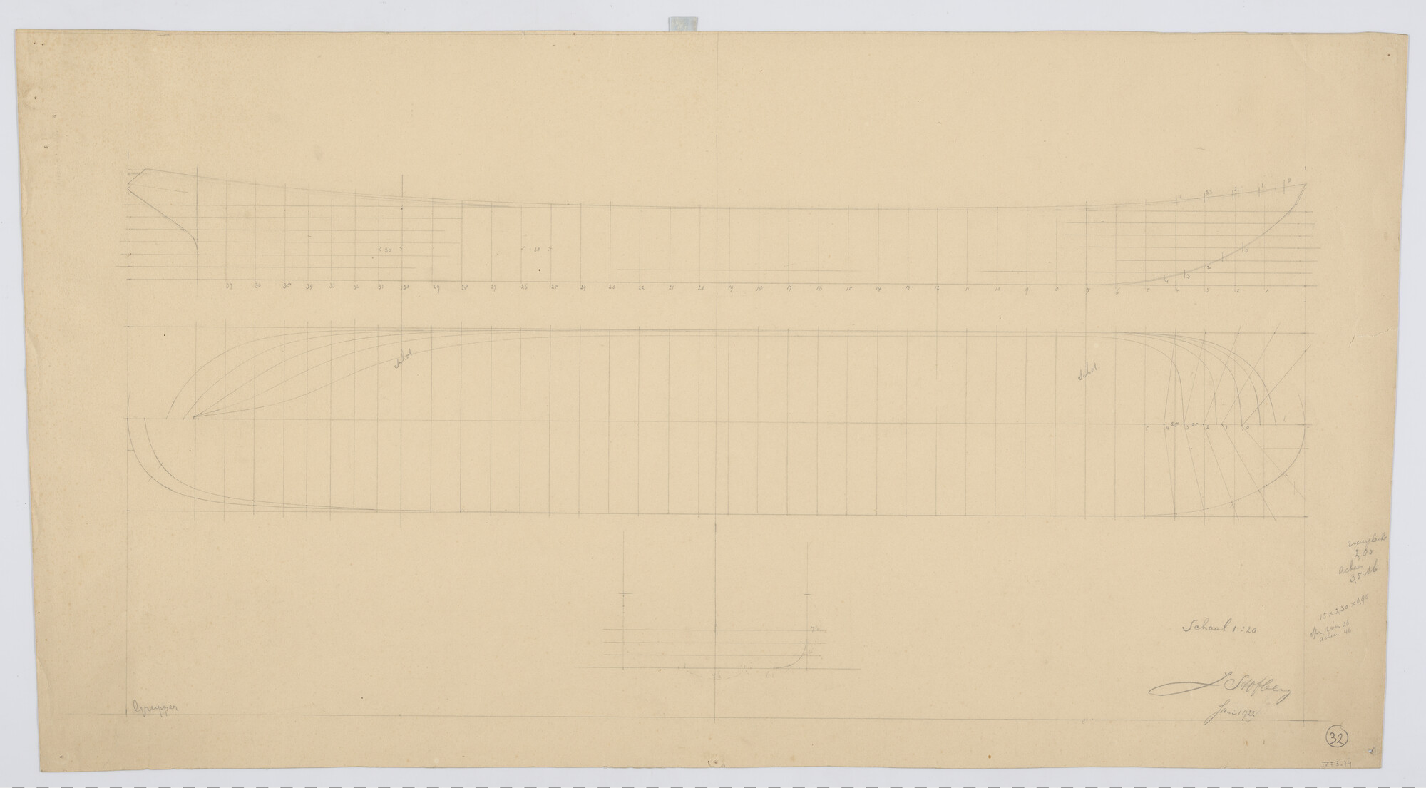 S.1225(03)33; Lijnenplan van een motorkagenaar, juni 1922; technische tekening