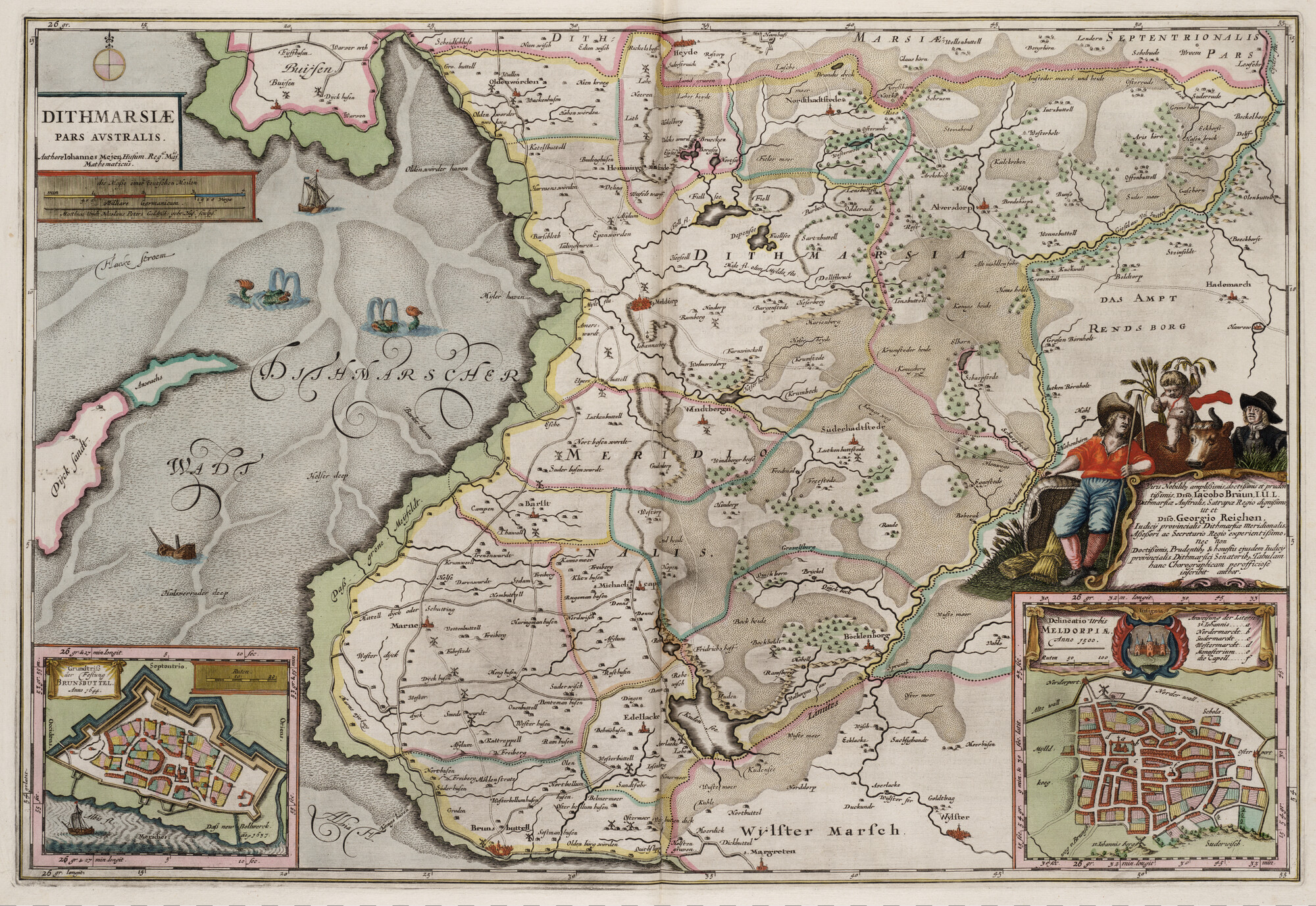 S.1034(02) [kaart 028]; Kaart van het zuidelijk deel van Ditmarsen, met inzetkaarten van Brunsbuttel in 1644 en Meldorf in 1500; landkaart