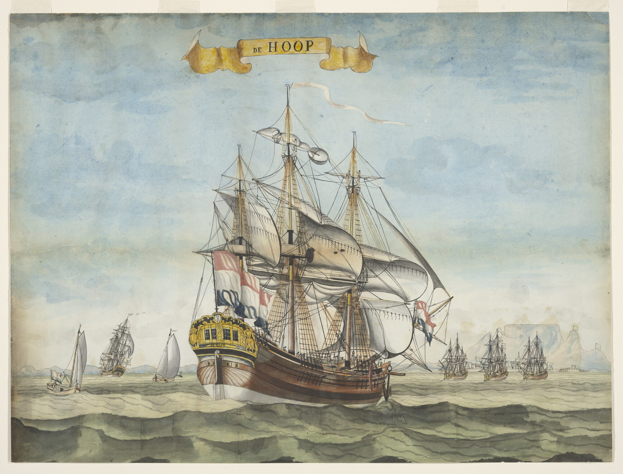 A.3495(04); Het retourschip De Hoop van de VOC op de rede van Kaapstad; tekening