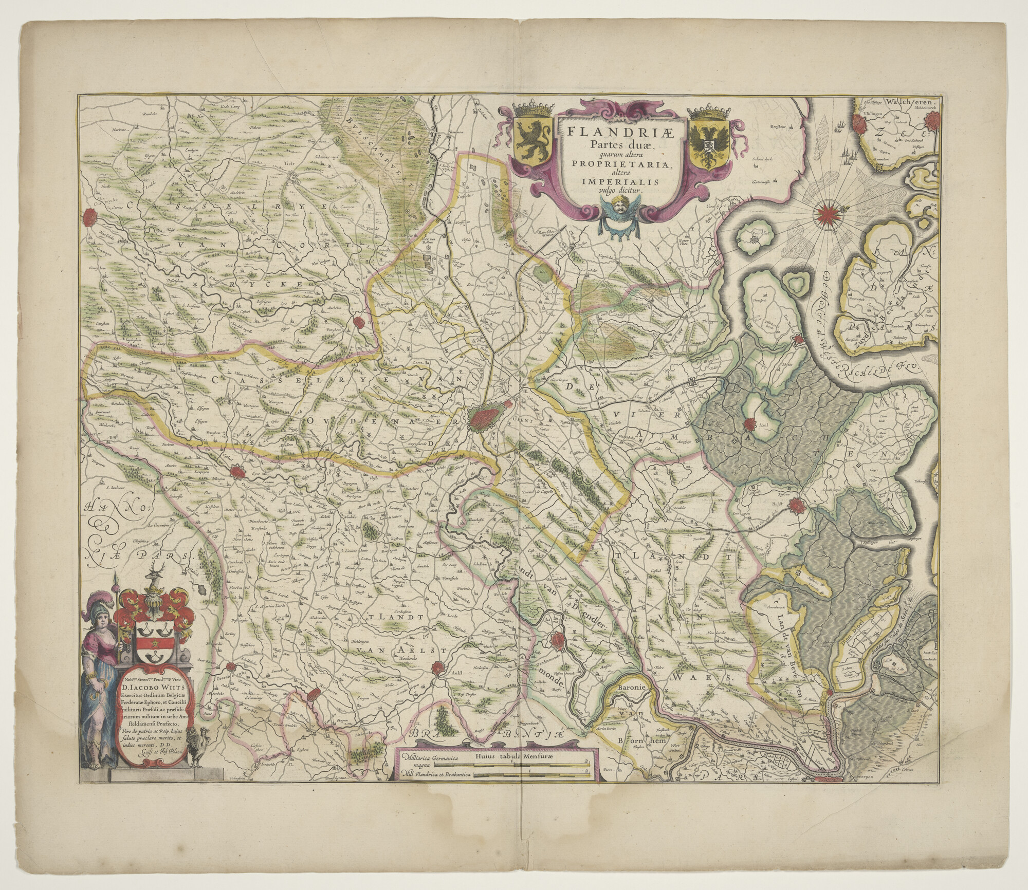 B.0216(0263); Met de hand gekleurde kaart van een deel van het graafschap Vlaanderen door Willem & Joan Blaeu, Amsterdam, circa 1640; landkaart