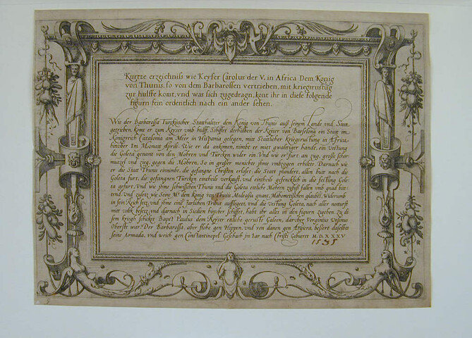 A.0145(027)001; 'Kurze erzeichnis wie Keyser Carolus der V. in Africa Dem Konig von Thunis'; prent