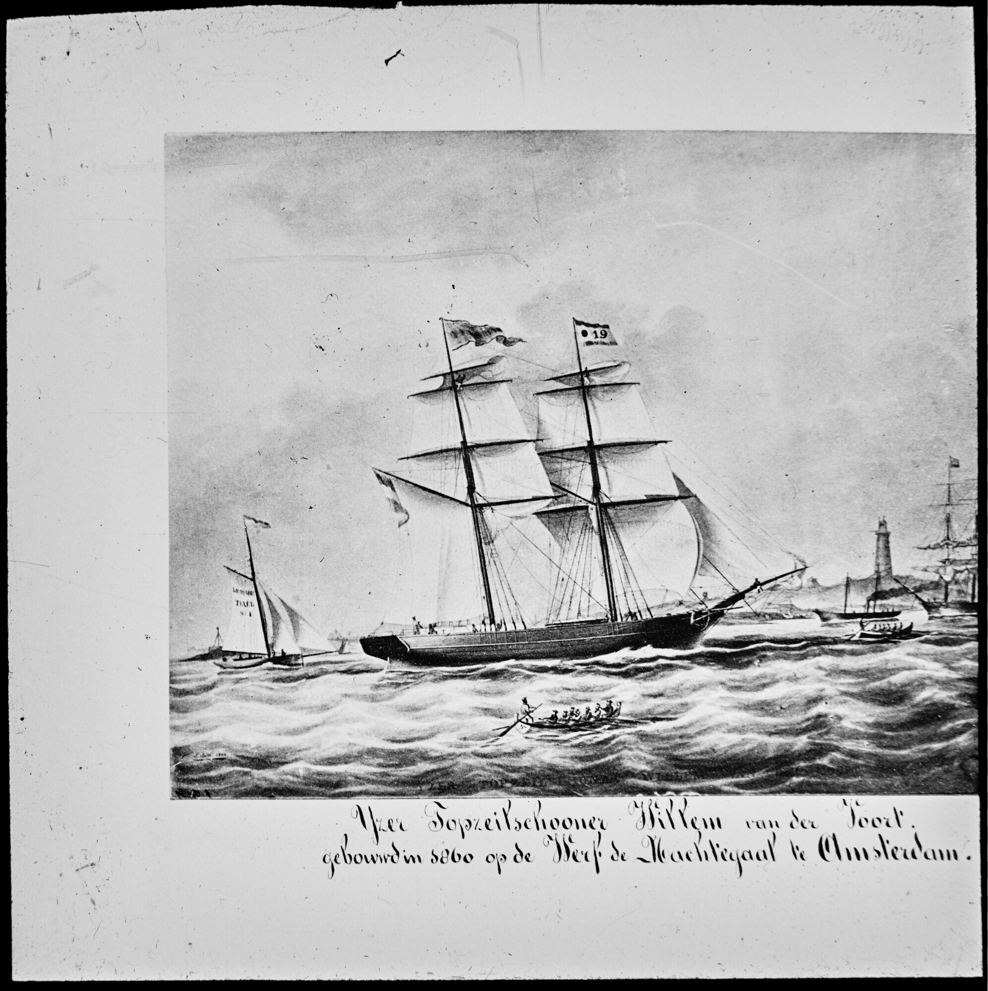 S.1156(06)109; Lantaarnplaatje van een tekening van de topzeilschoener 'Willem van der Voort'; lantaarnplaatje