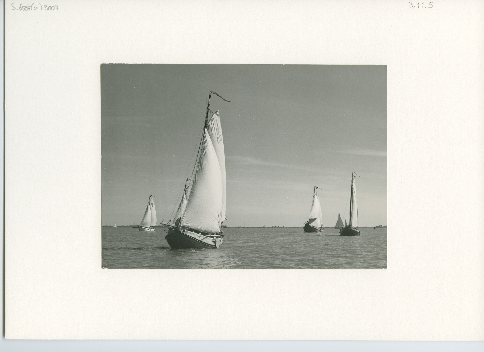 S.6507(01)3007; Foto van een veld van vijd Vollenhovense bollen op open water, zichtbaar zijn 3 OC De Vrouw Lucia en OB 8; foto