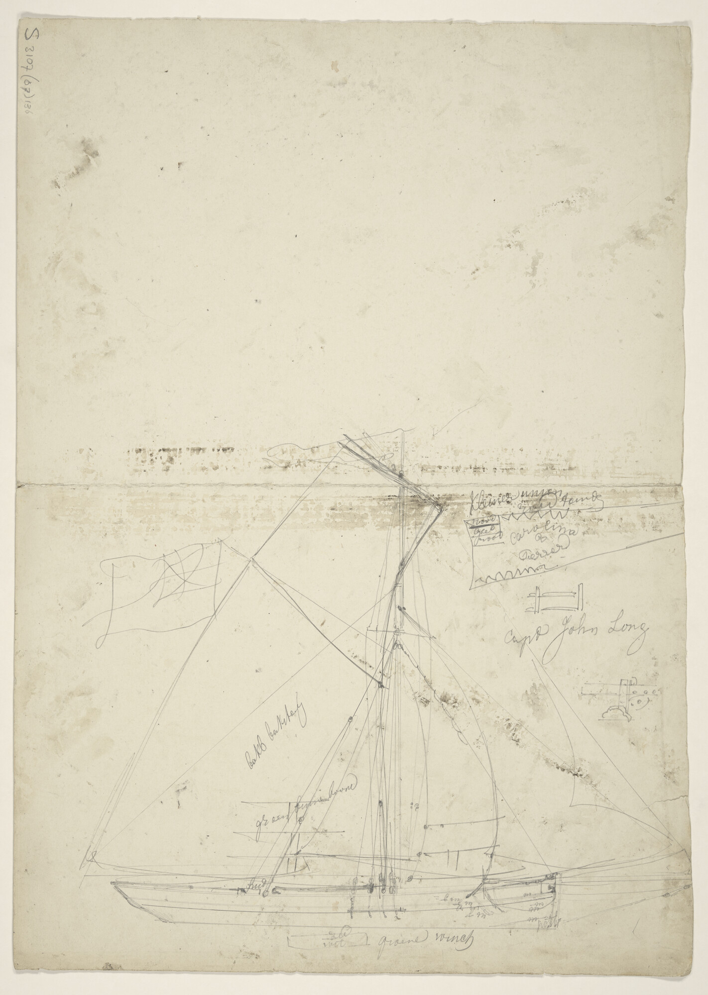 S.3107(07)136; Schets van een klein zeilschip met de naam 'Caroline' in de wimpel; tekening