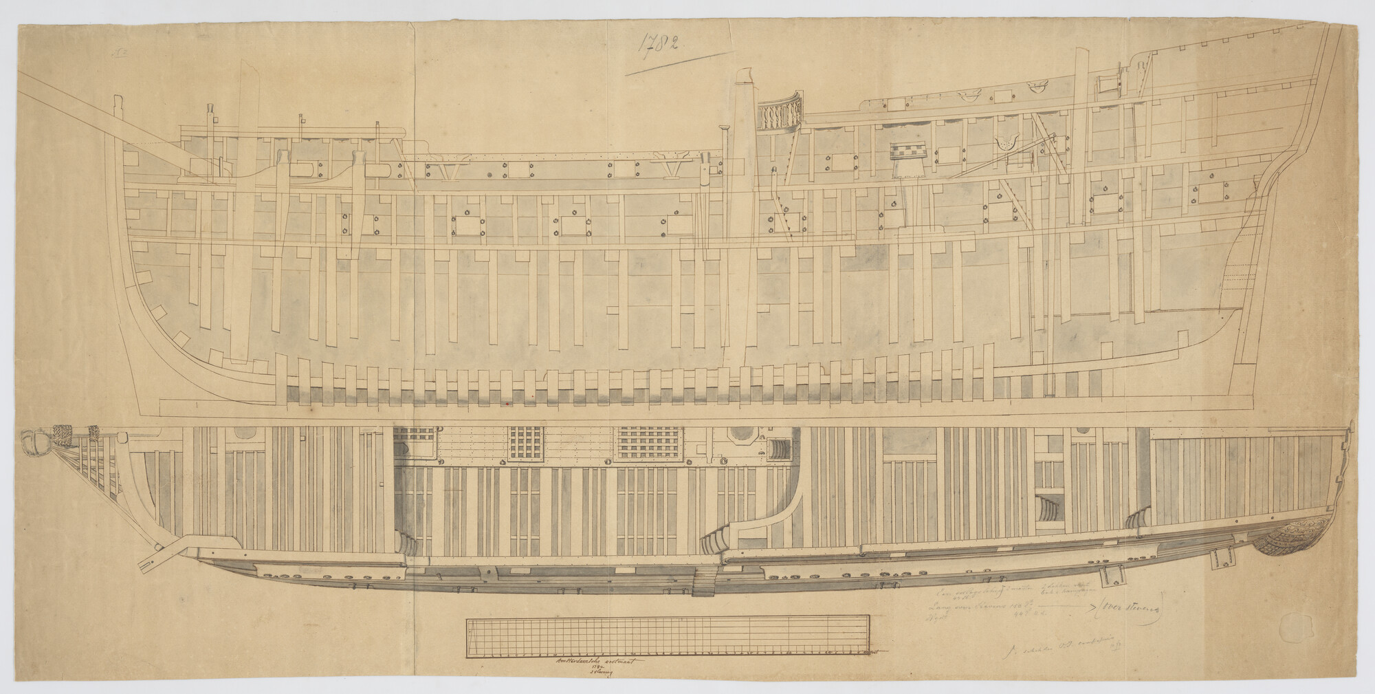 A.0149(0895); Constructieplan van een schip van 42 stukken, 1782; technische tekening