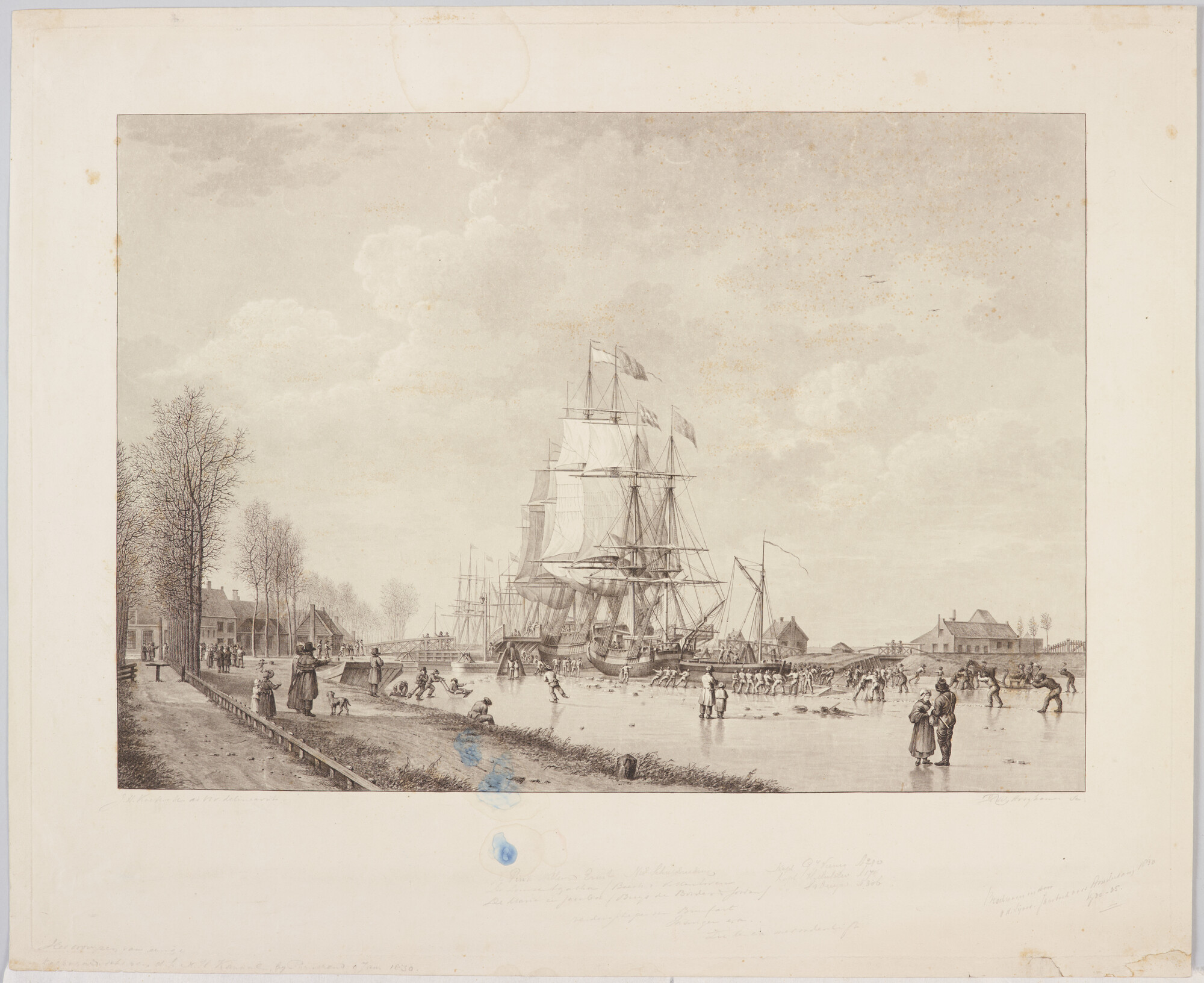 A.0145 [nr 0030]; Proefdruk van de prent "Voorstelling der Door-IJzing van eenige Koopvaardij-Schepen, door het Groot Noord-Hollandsch Kanaal, nabij Purmerende op den 9 Januarij 1830"; prent