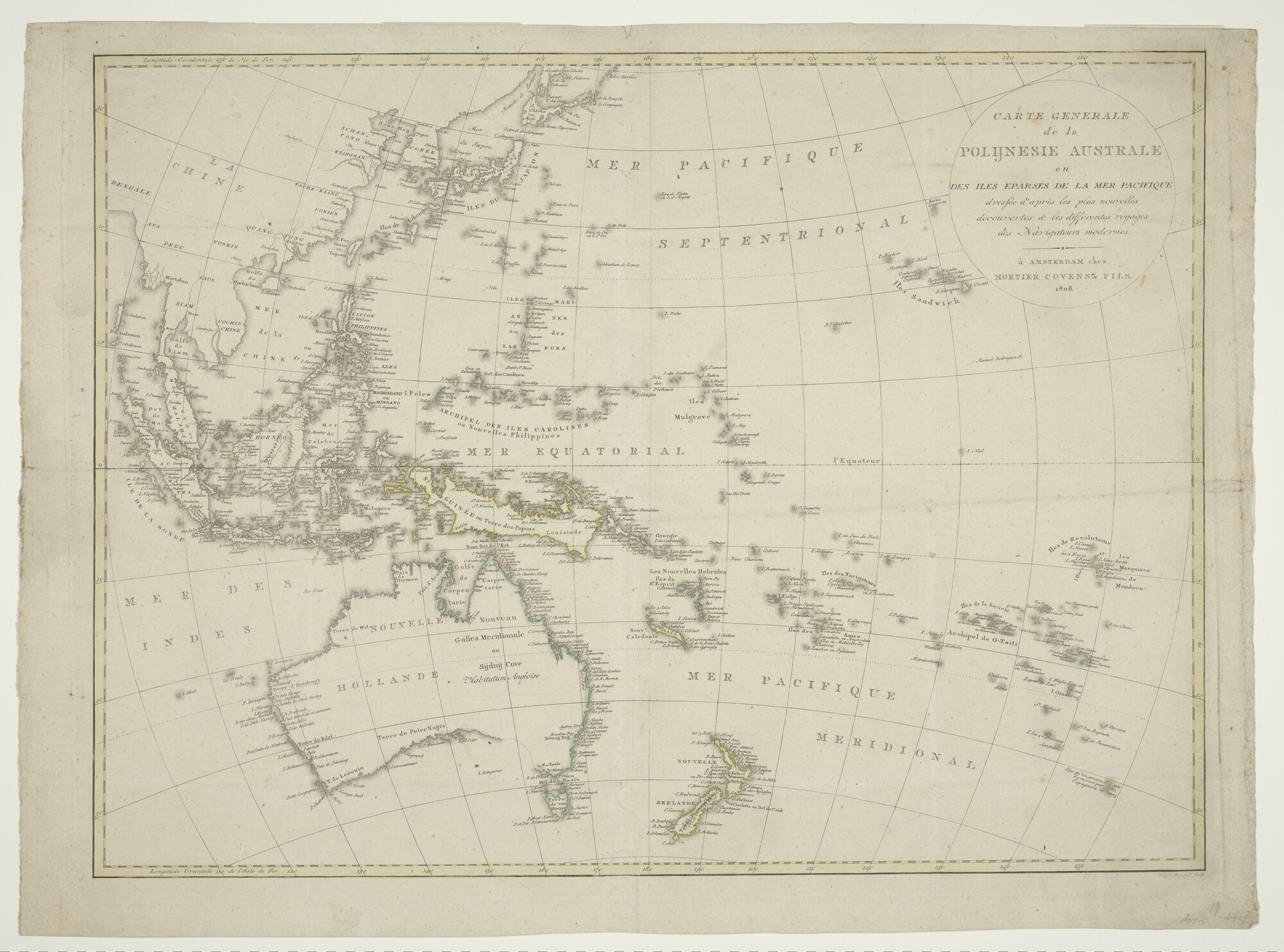 A.0145(211)188; Met de hand gekleurde kaart van Australië en het zuidwestelijk deel van de Stille Oceaan; landkaart