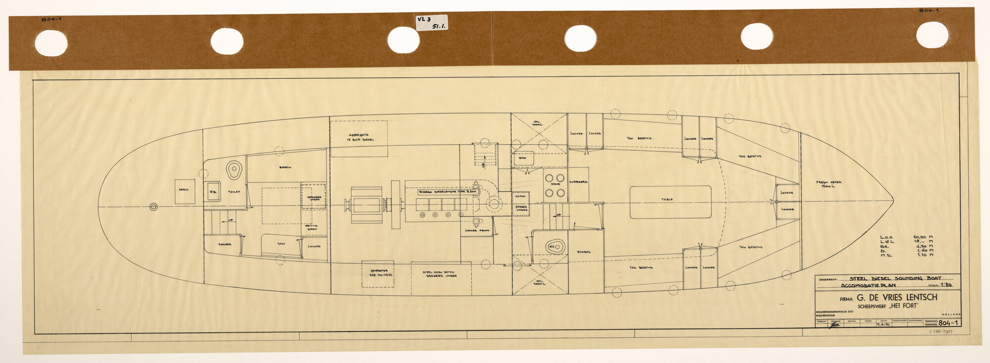 S.5180(0192); Indelingsplan van een motorboot; technische tekening