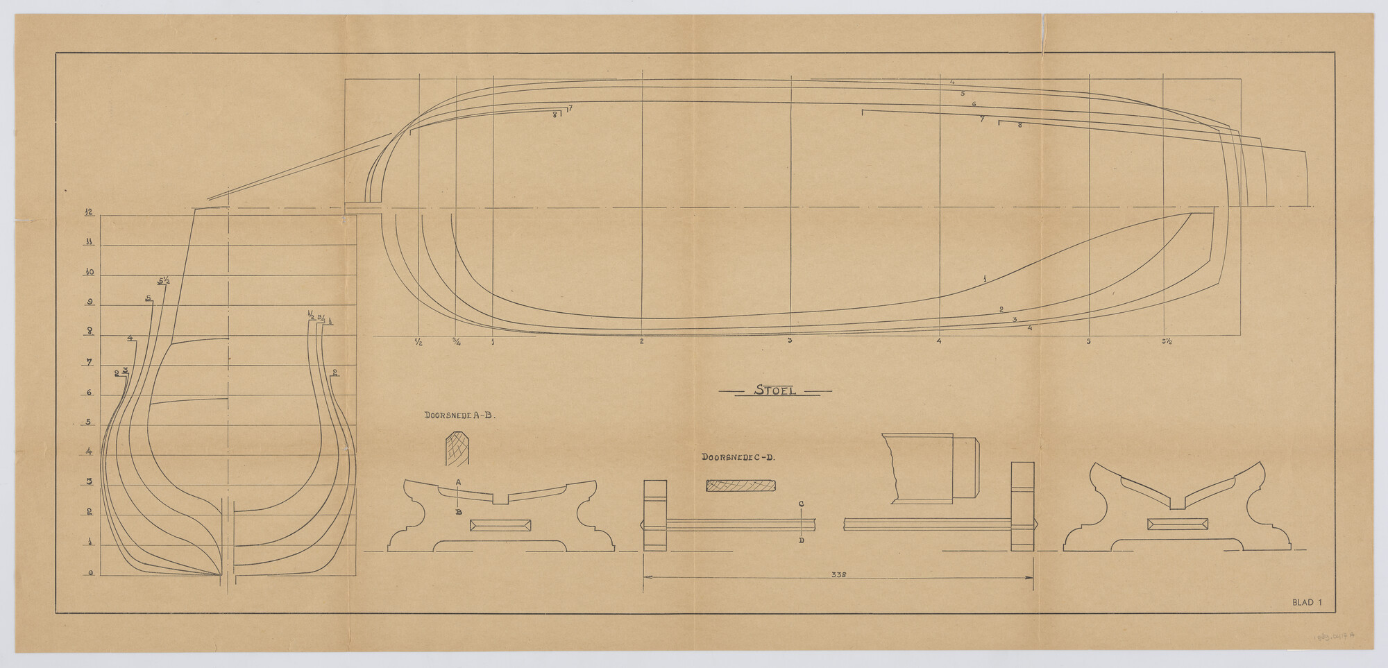 1989.0417a; Lijnenplan reconstructie tekening voor het maken van een scheepsmodel van het jacht  Halve Maen; technische tekening
