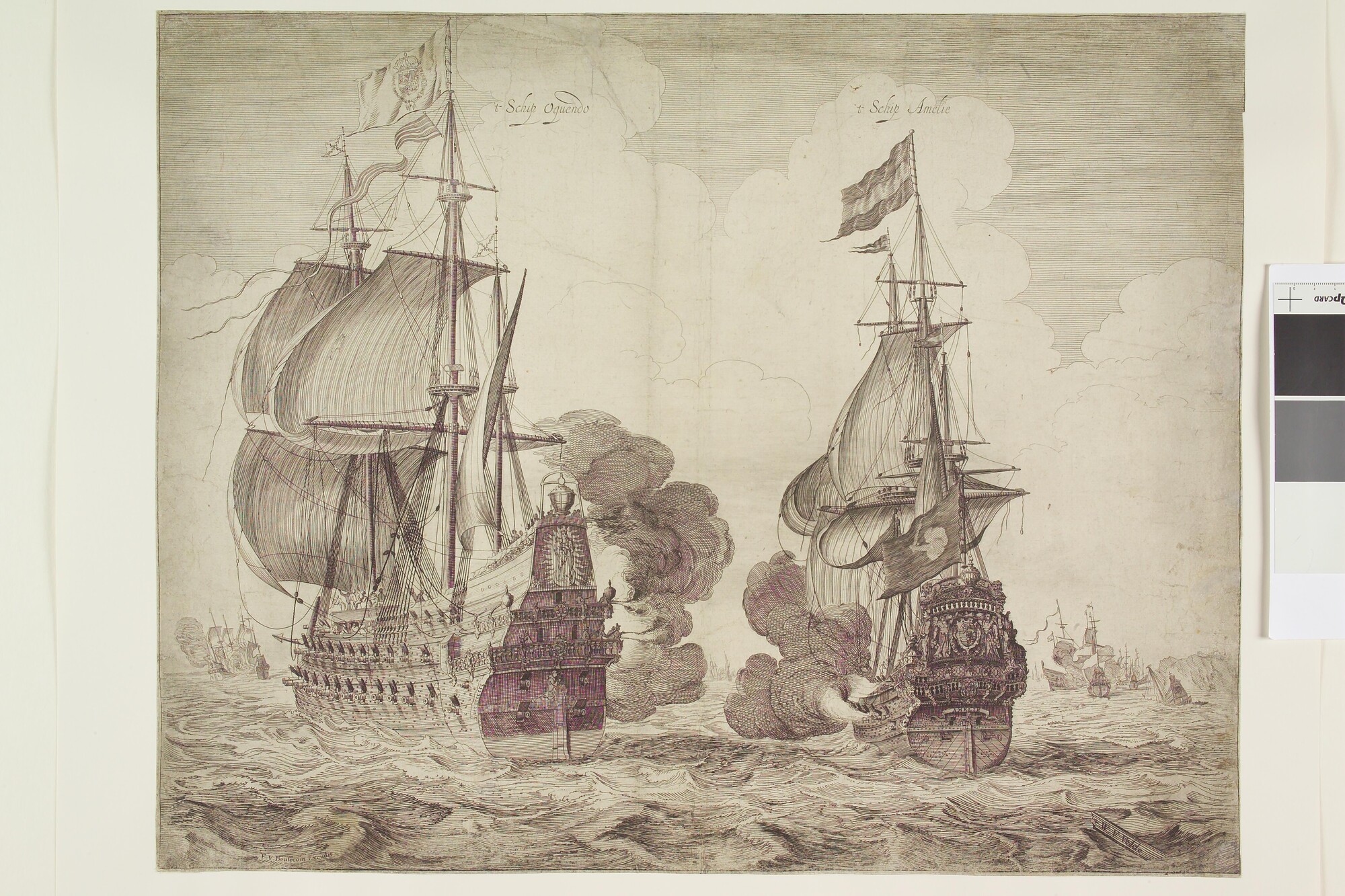 A.0149(0355); Gevecht tussen de Aemilia en het Spaanse admiraalschip tijdens de slag bij Duins; prent