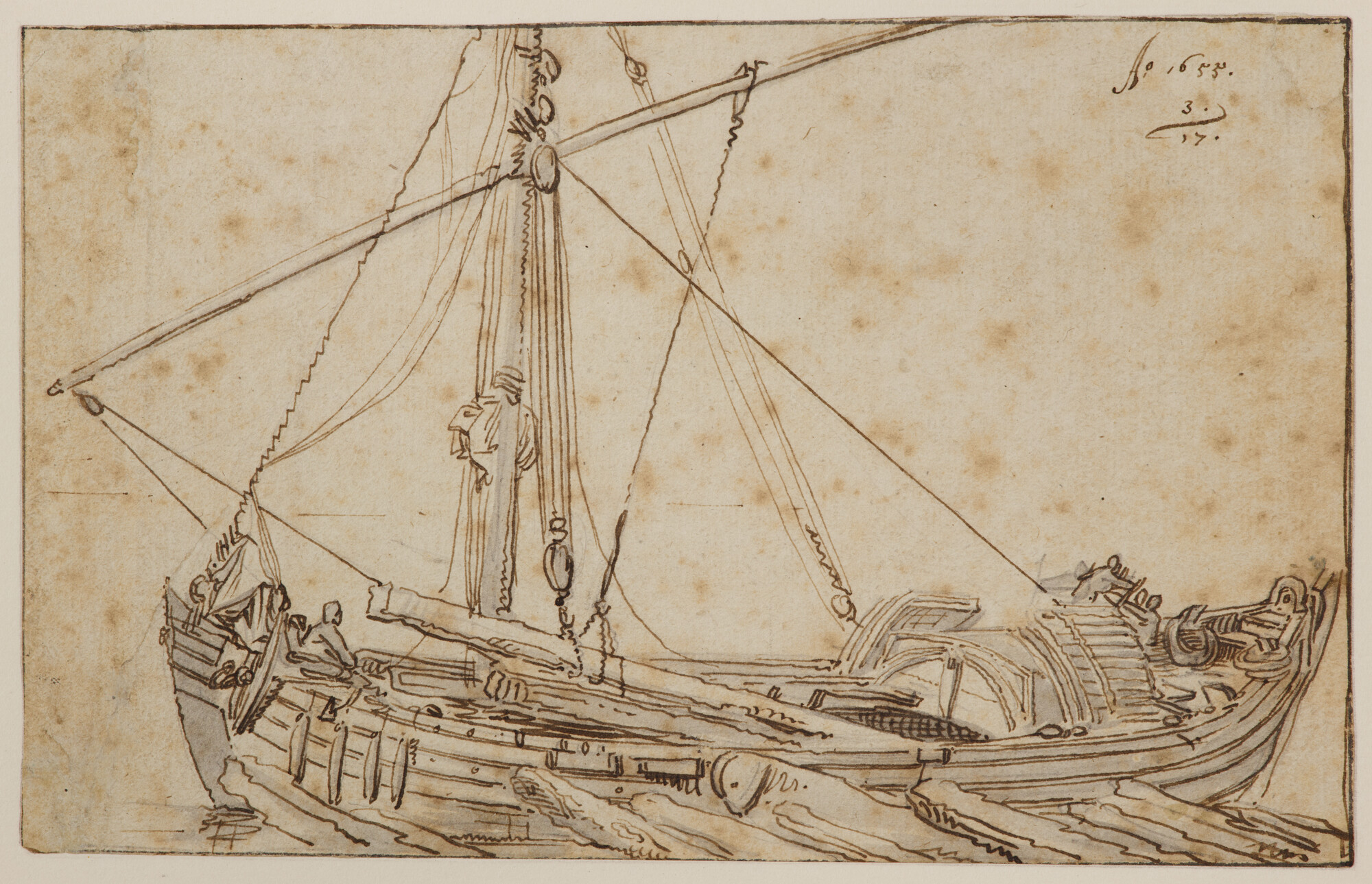 A.1281; Laden of lossen van hout in een vrachtscheepje; tekening