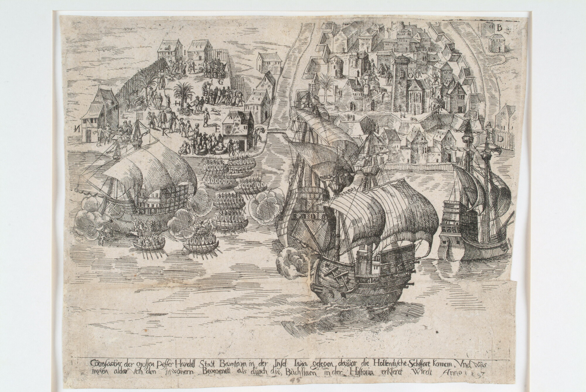 A.0856(01); De stad Bantam op het eiland Java, belangrijk voor zijn peperhandel in die; prent