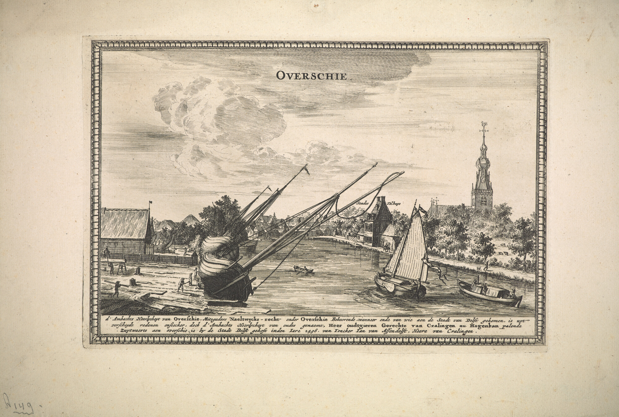 A.0149(0029)2; Gezicht op het dorp Overschie met een scheepswerf en scheepvaart op de Schie; prent