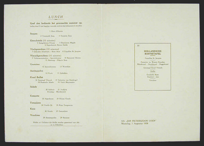S.5548(040)1; Menukaart lunch ss. 'Jan Pieterszoon Coen' : 1 augustus 1938; menukaart