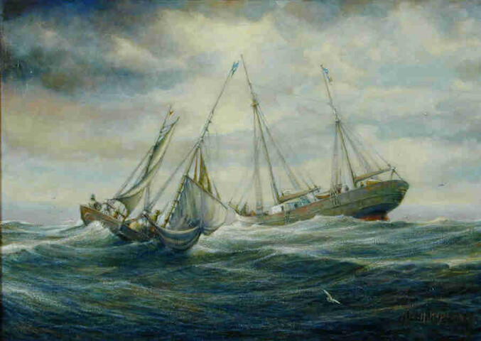 S.5393; Een Vlissinger loodsjol komt langszij een logger; schilderij