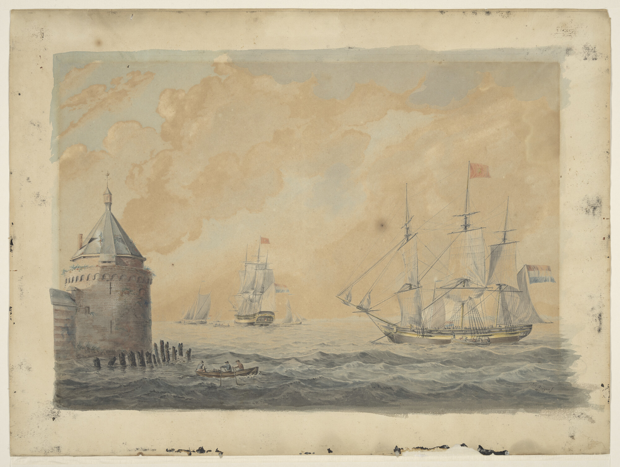 A.1751(03) [nr 0002]; Het fregatschip Middelburg ter rede van Veere; tekening