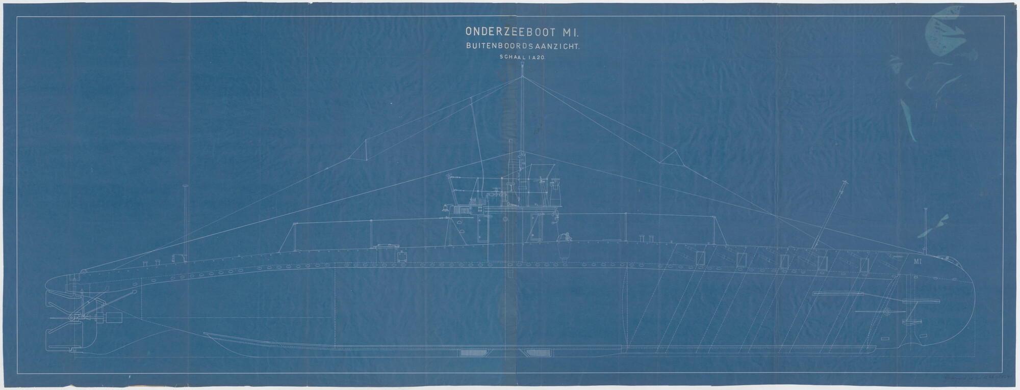 S.2175(3810); Zijaanzicht onderzeeboot-mijnenlegger Hr.Ms. 'M 1'; technische tekening