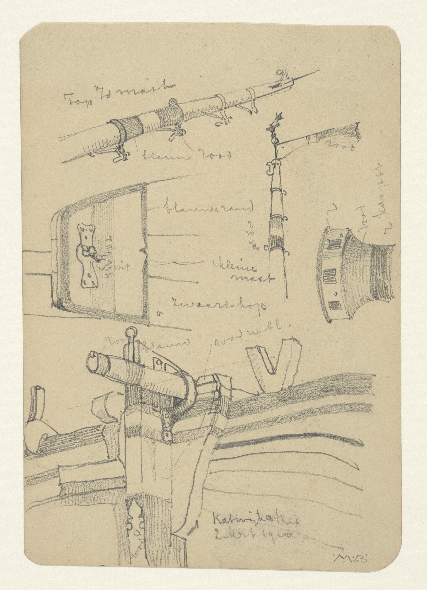 A.2606(01)05; Diverse onderdelen van een bomschip, de Katwijk 102; tekening