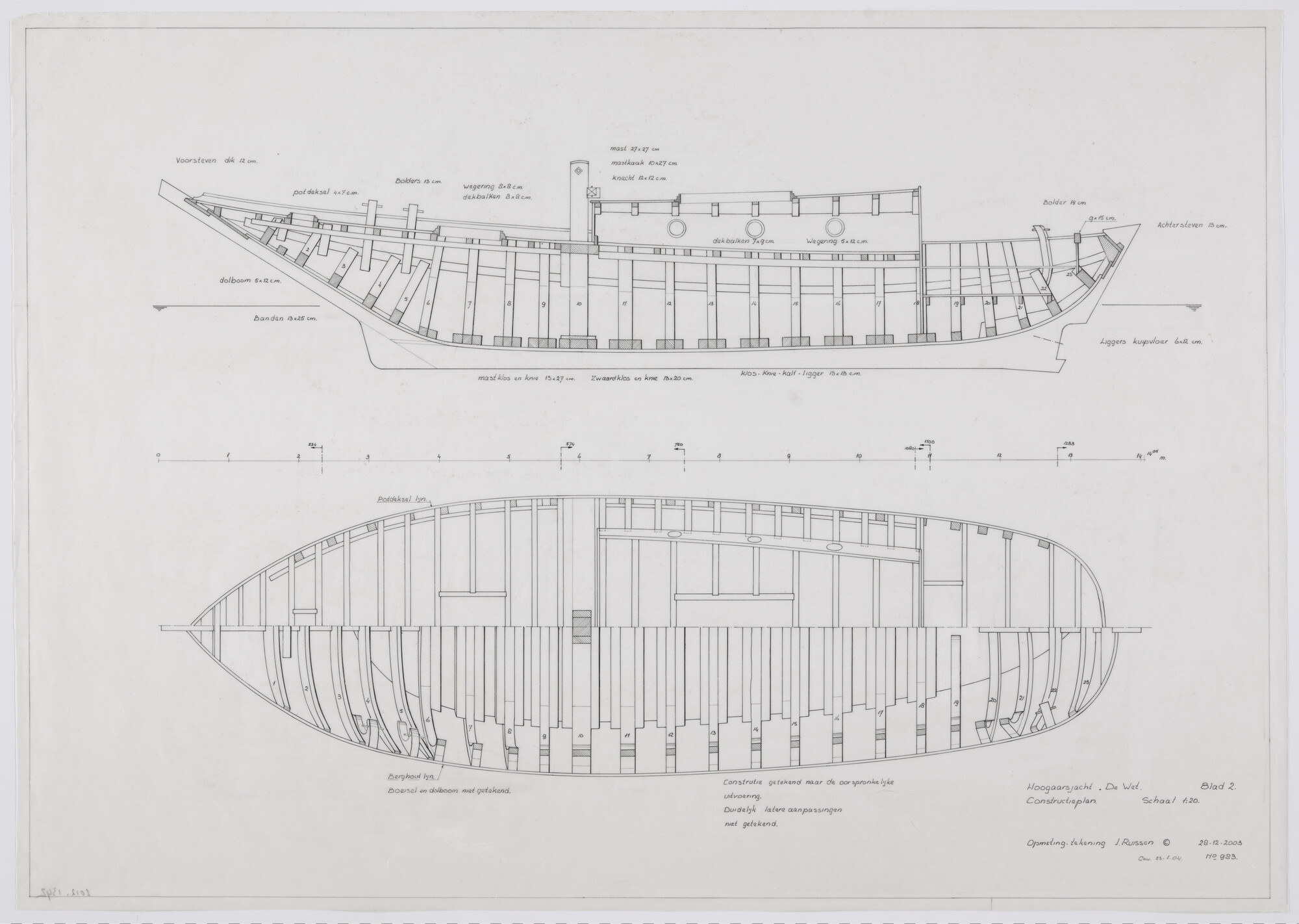 2012.1342; Constructieplan van het hoogaarsjacht 'De Wet' van 14.05 meter; technische tekening