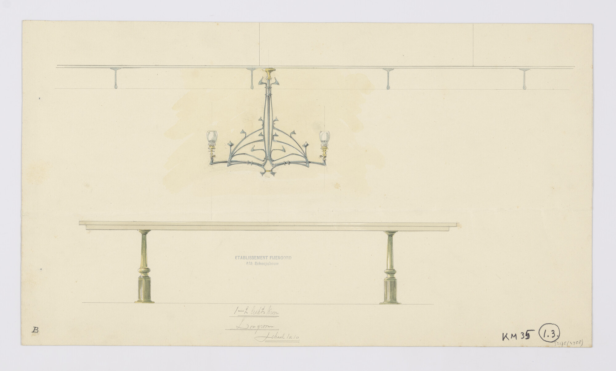 S.2175(4758); Ontwerp tafel met lichtkroon; technische tekening