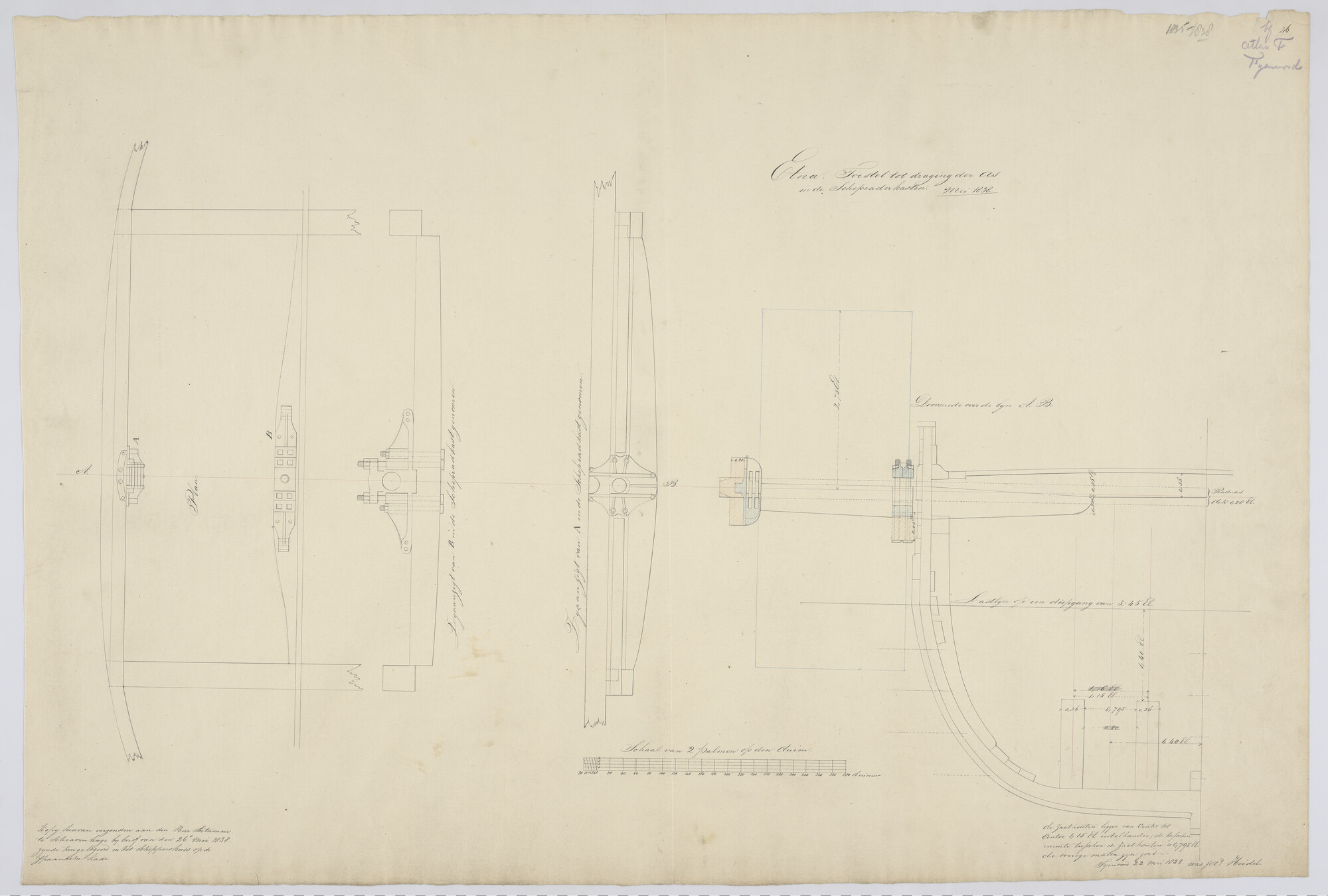2016.0061; Inwendige van schepraderkasten van het stoomraderschip Zr.Ms. Etna; technische tekening