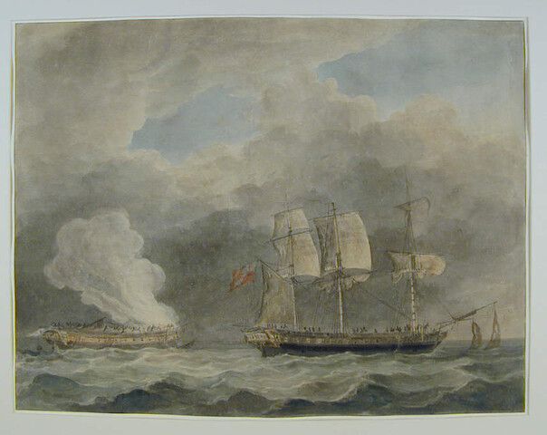A.2905(01)b; Einde van het gevecht tussen de "Gelderland" en het Engelse fregat "Virginie" in 1808; tekening