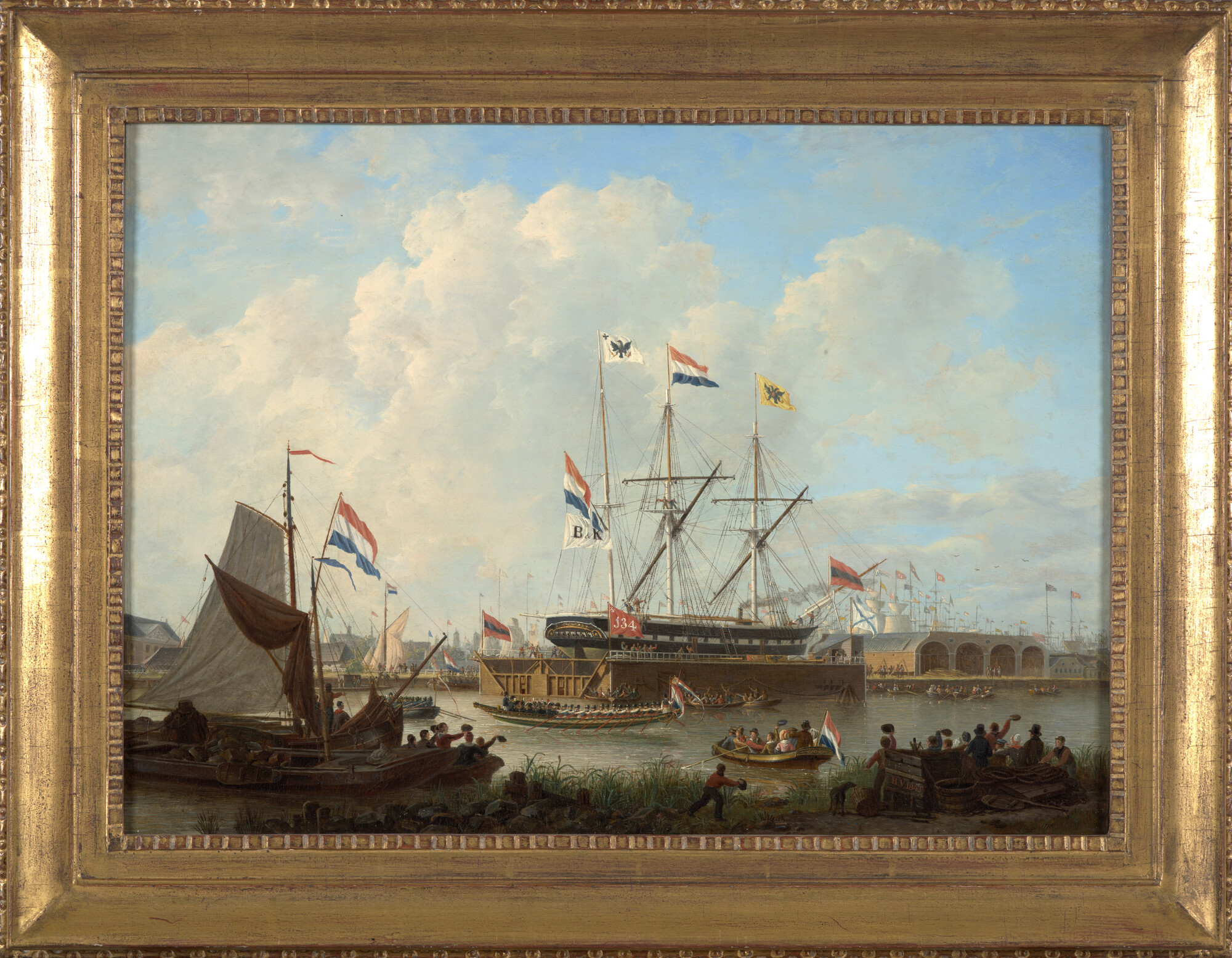 A.4873; Bezoek van koning Willem II aan het eerste drijvende droogdok te Amsterdam, 1843; schilderij