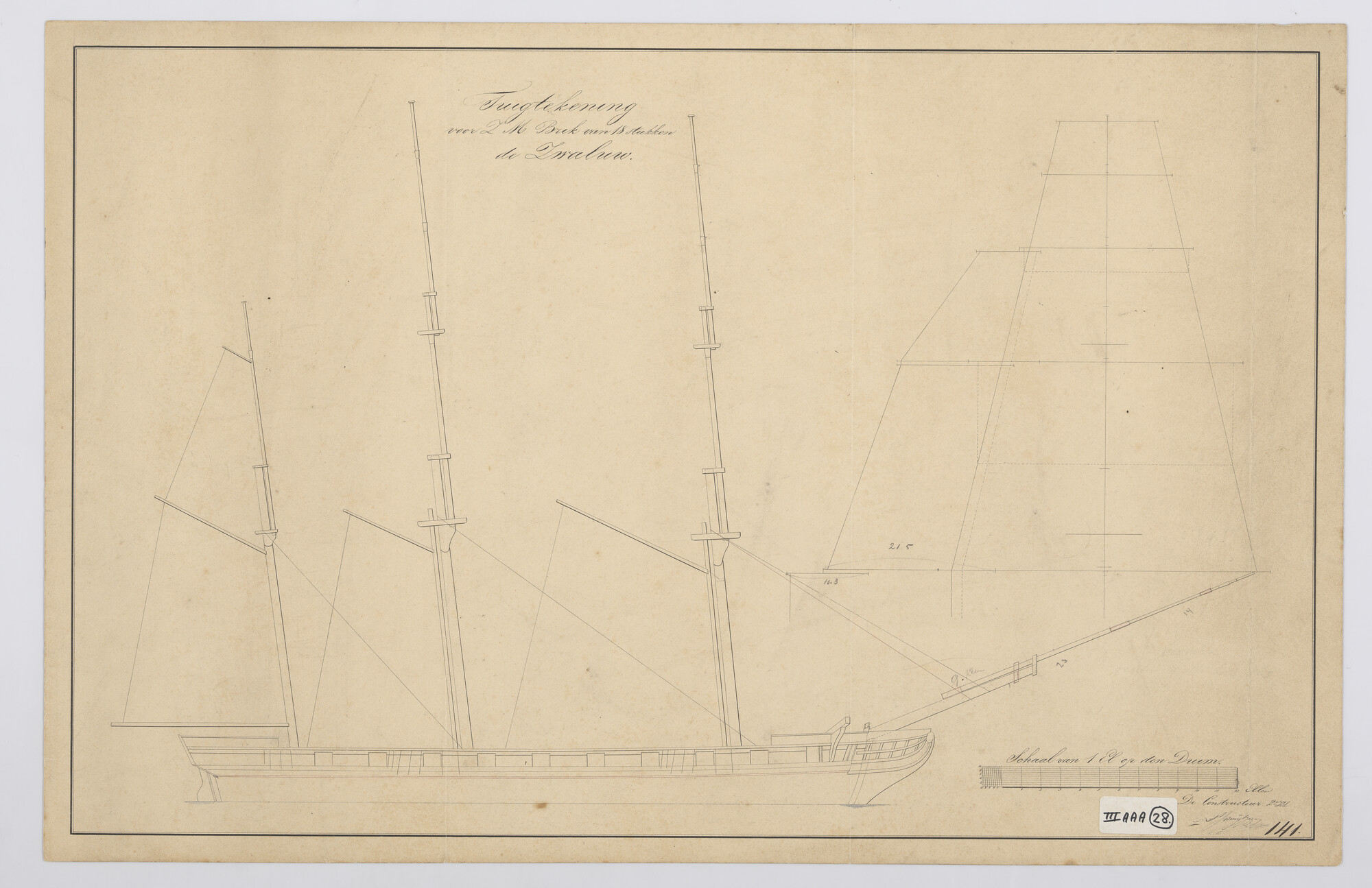 S.1214(0199); Tuigtekening van de brik Zr.Ms. 'Zwaluw'; technische tekening