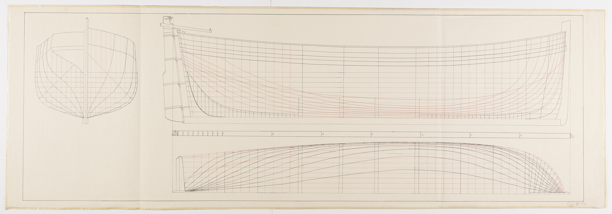 S.0563(02); Lijnenplan, Zijaanzicht en Zeilplan van een vissloep, omstreeks 1880; technische tekening