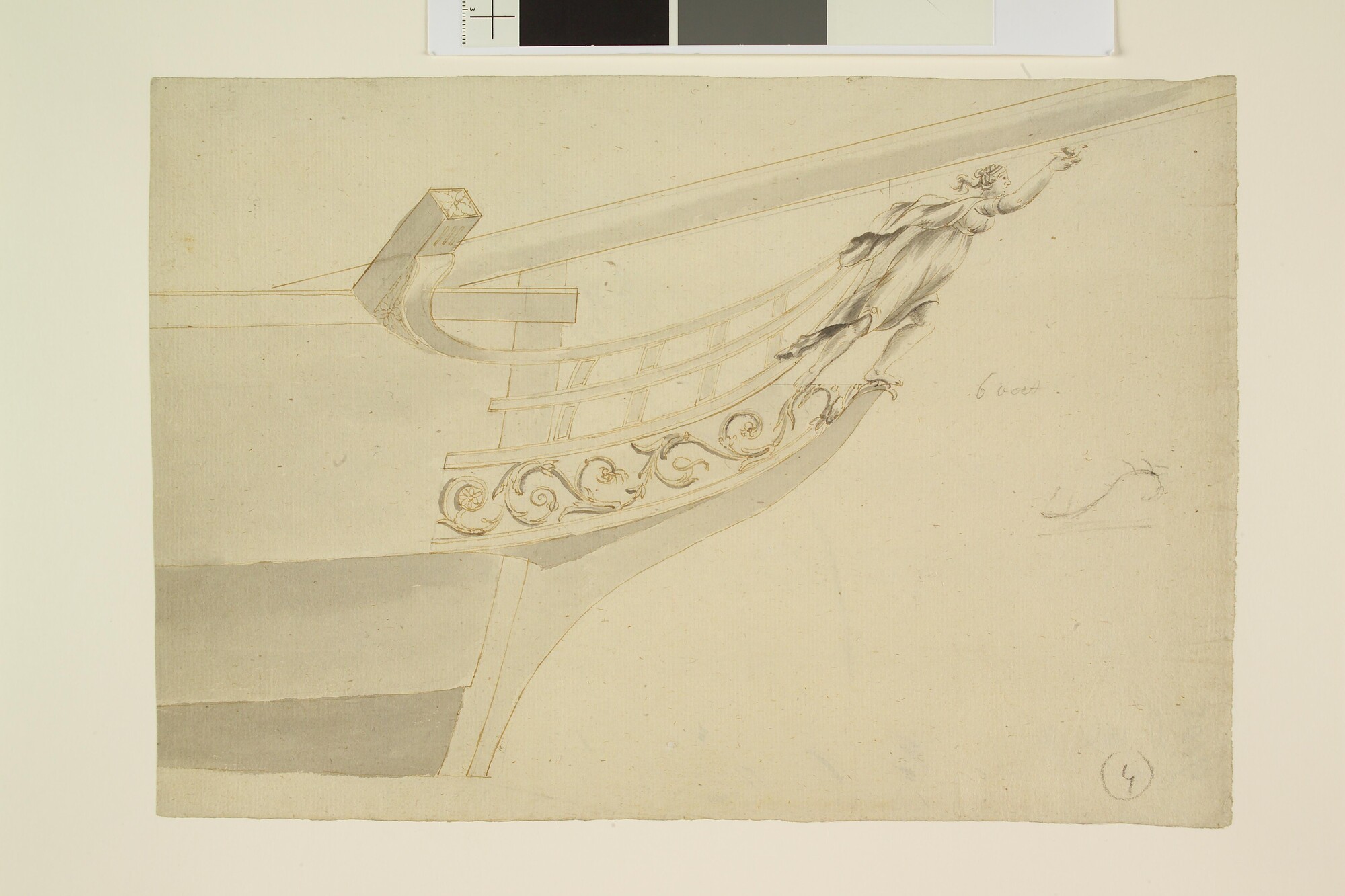 A.1081(a) [nr 0003]; Het galjoen van een schip, stuurboordzijde met een boegbeeld van een vrouw; tekening