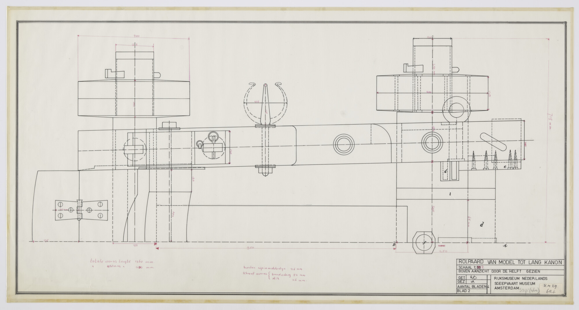 S.2175(4600); Rolpaard van model tot lang kanon; bovenaanzicht; technische tekening